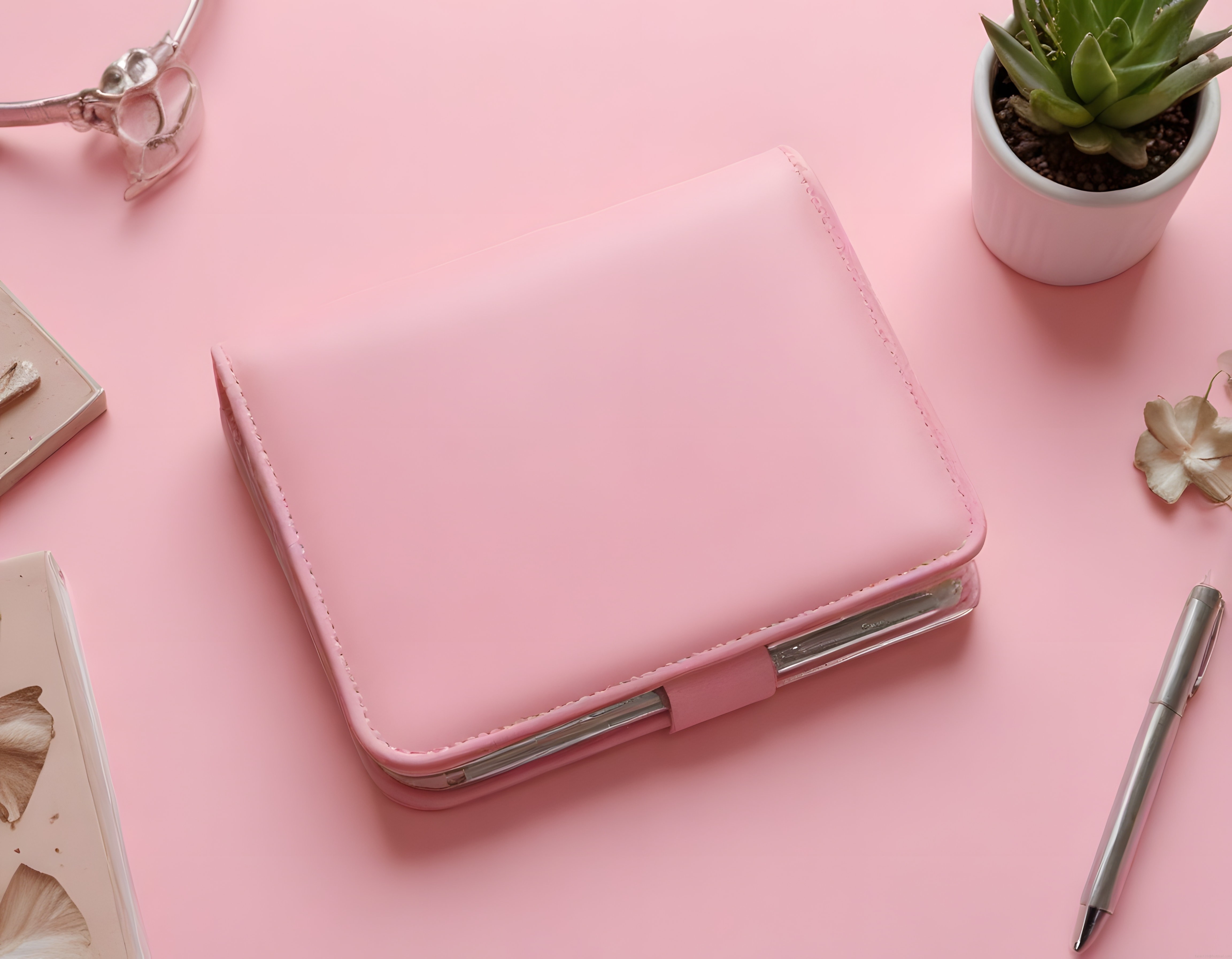 Pembe Deri Ajanda ile Minimal Masa Düzeni ve Kadınsı Üretkenlik Stili