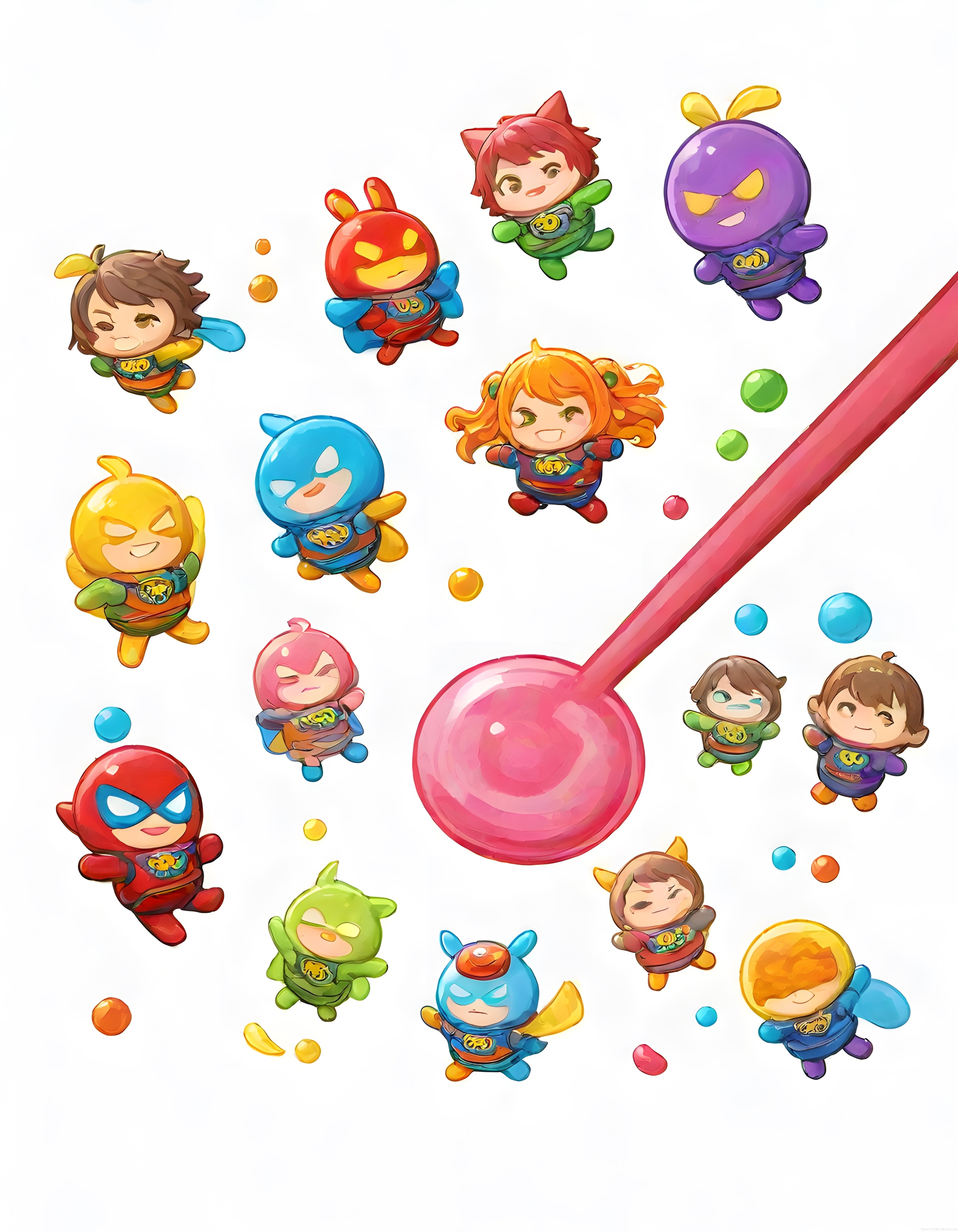 Pembe Dev Lolipop ve Renkli Süper Kahraman Chibi Karakterlerin Şeker Dünyası