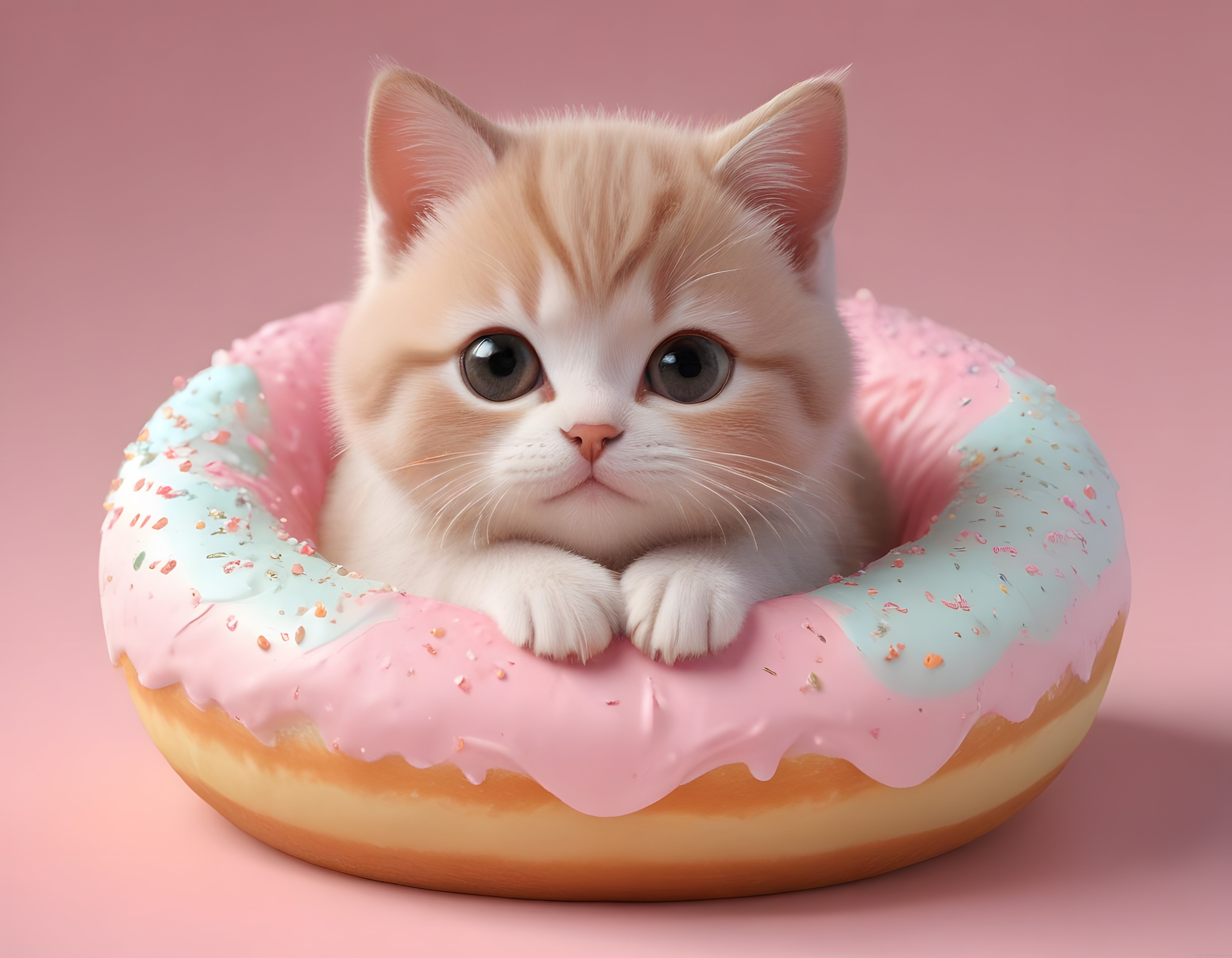 Pembe donut içinde oturan sevimli yavru kedi dijital illüstrasyon