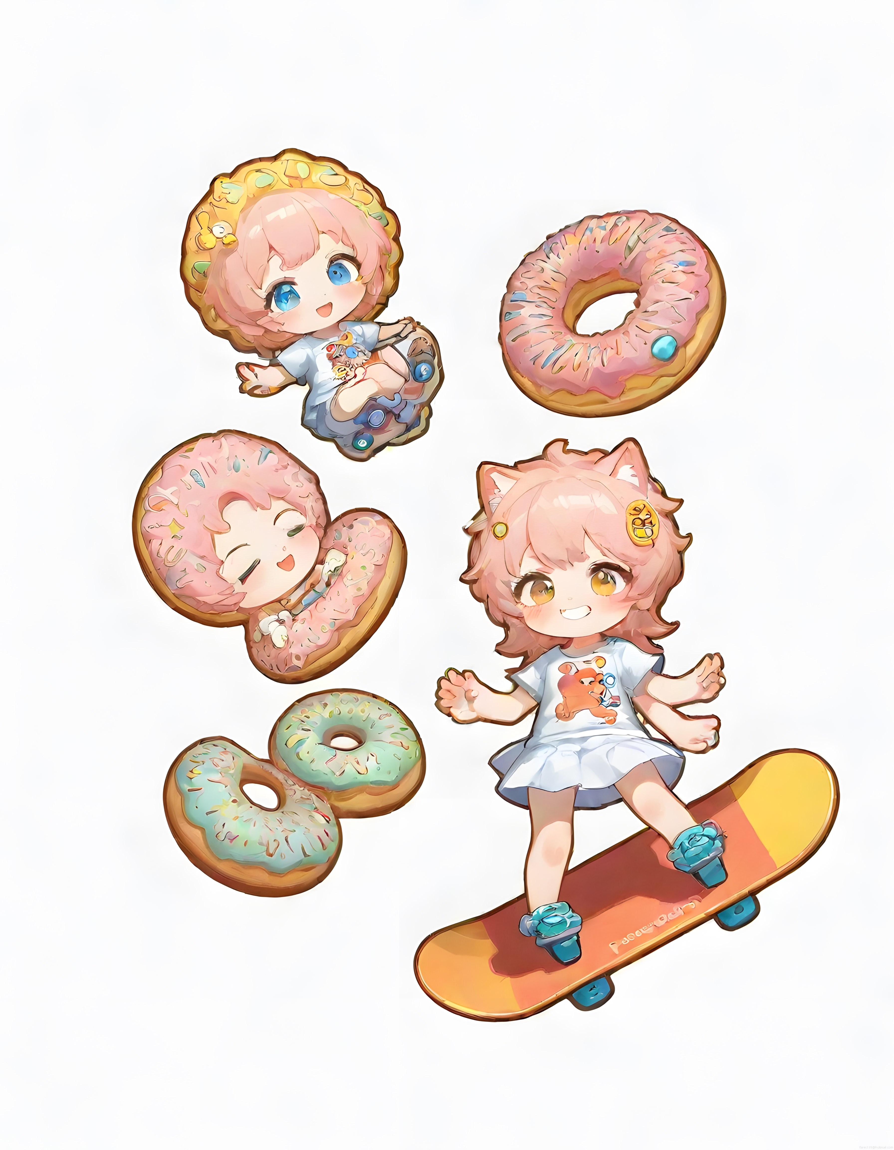 Pembe Donutlar ve Kaykaylı Anime Chibi Karakterlerin Sevimli Dünyası