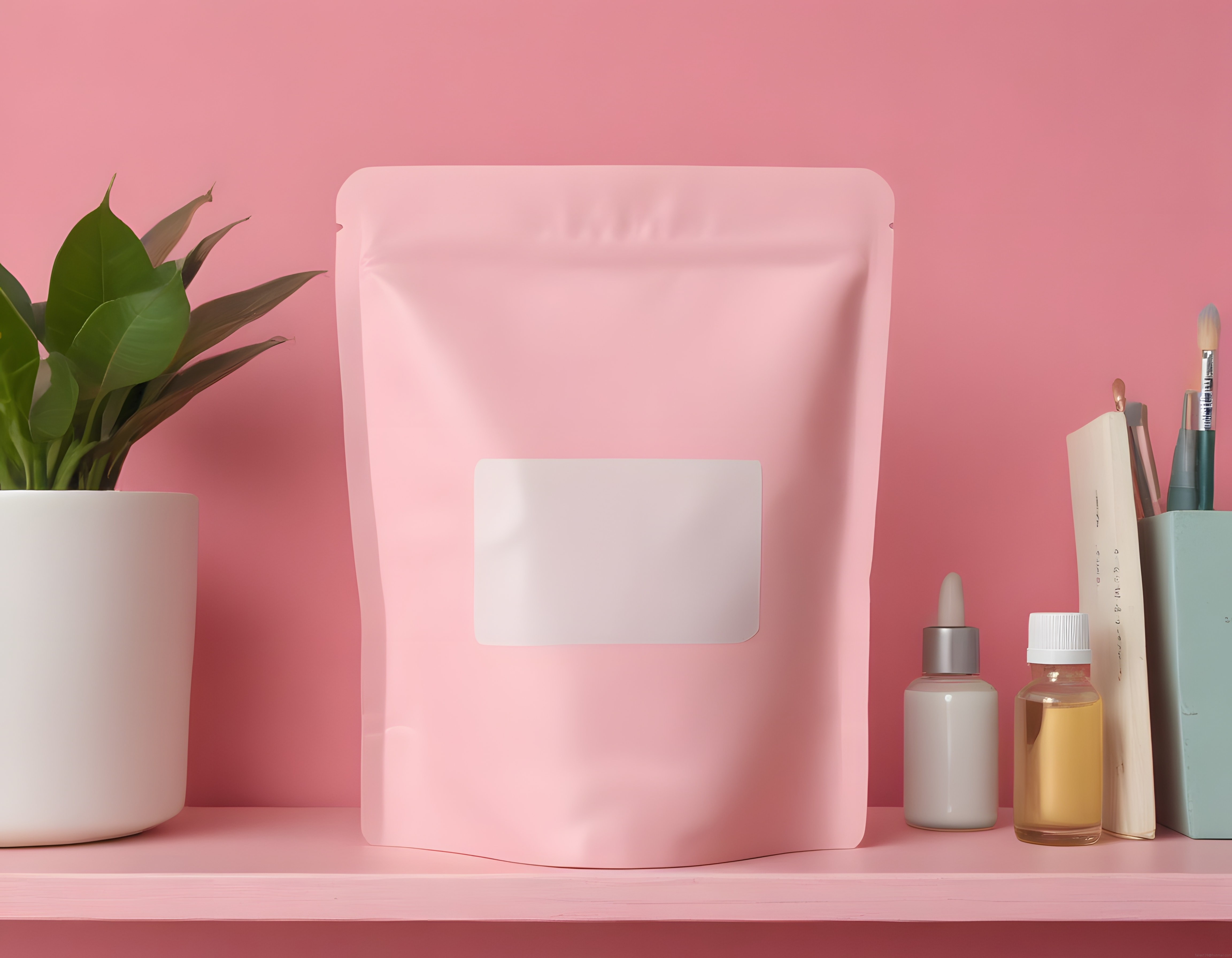 Pembe Doypack ve Kozmetik Ürünleriyle Feminen Güzellik Konsepti Pembe Doypack ve Kozmetik Ürünleriyle Feminen Güzellik Konsepti