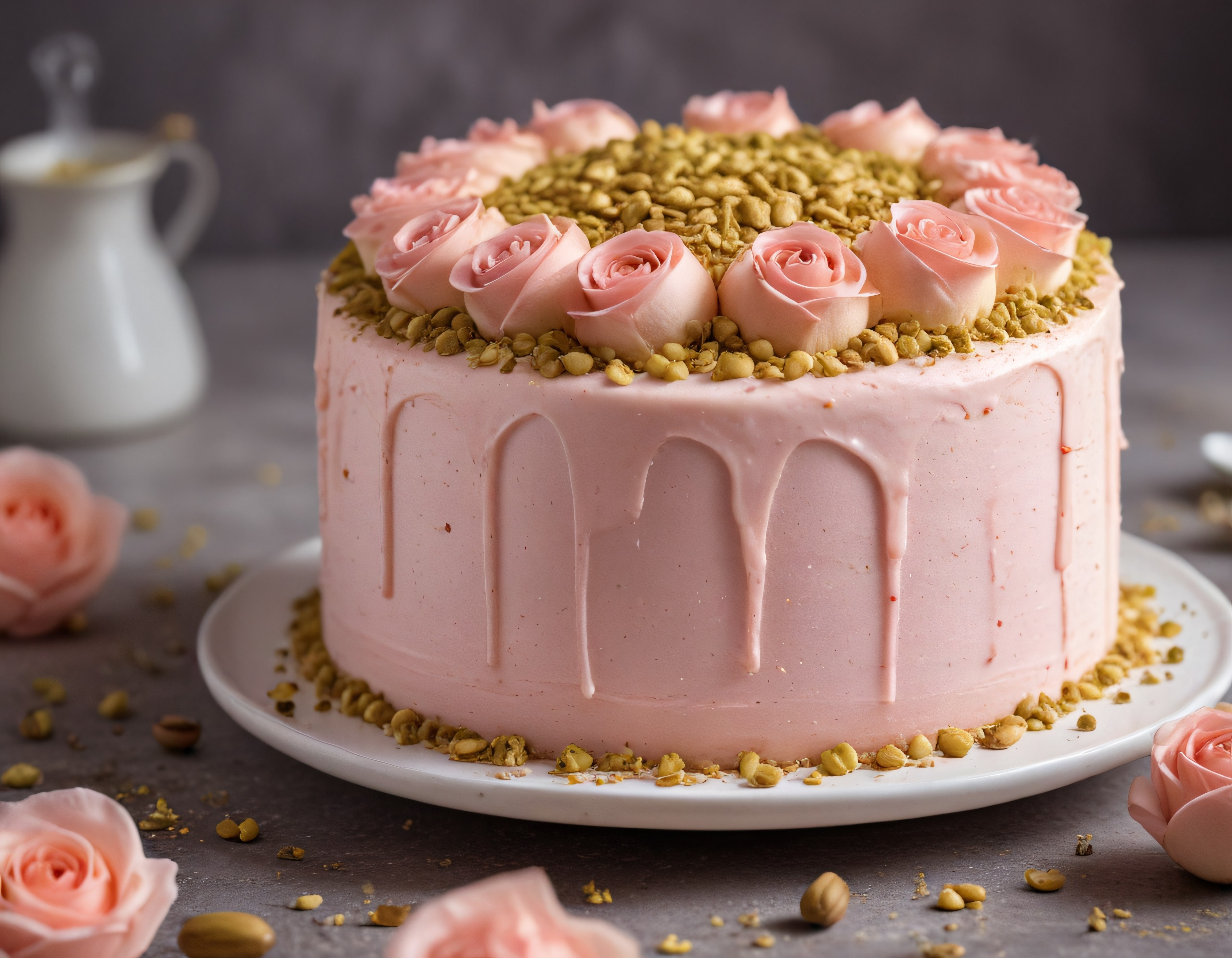 Pembe Drip Pasta ile Antep Fıstığı ve Yenebilir Gül Süslemeli Butik Tatlı