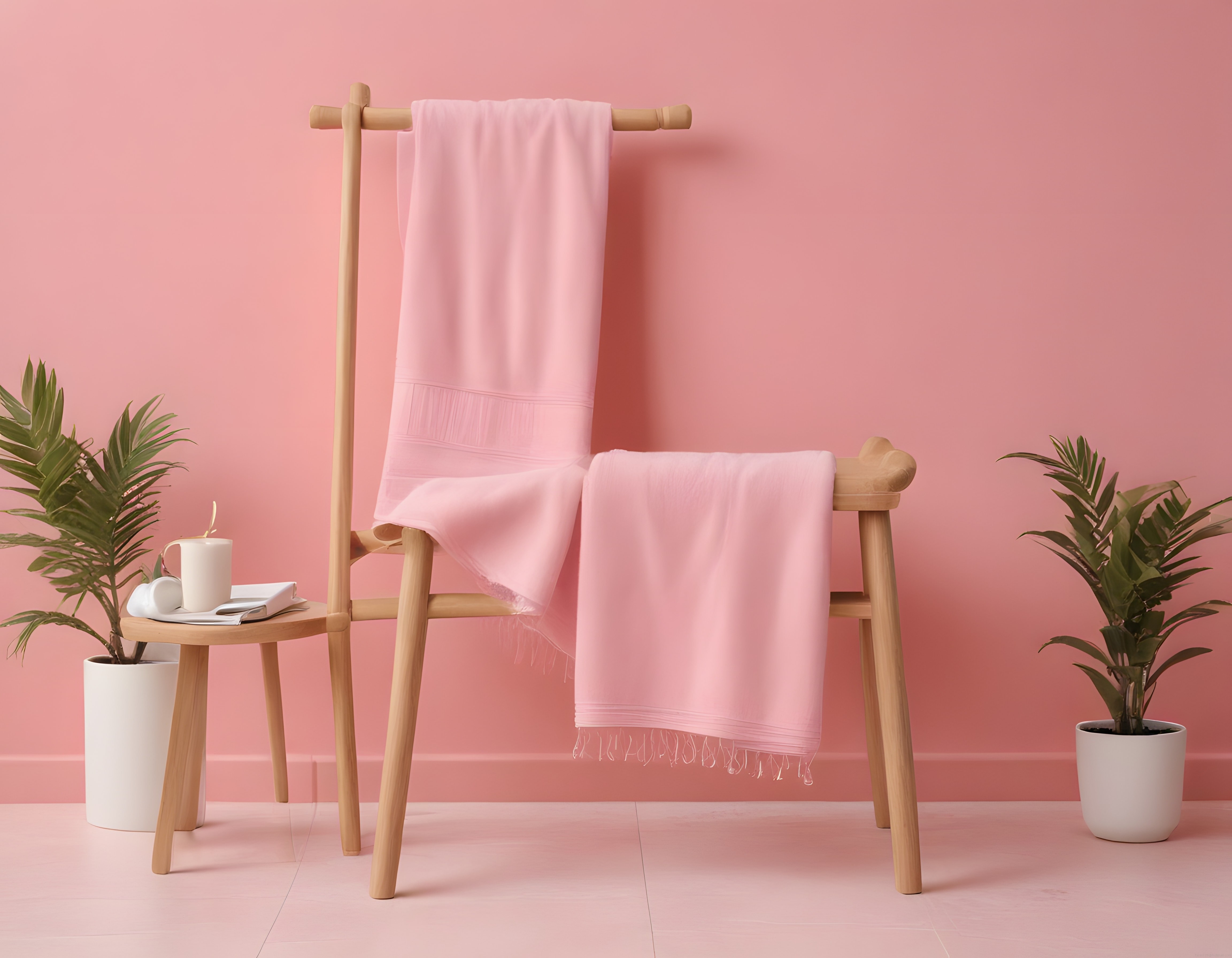 Pembe Duvar Önünde Ahşap Havluluk ve Bitkilerle Huzurlu Banyo Atmosferi