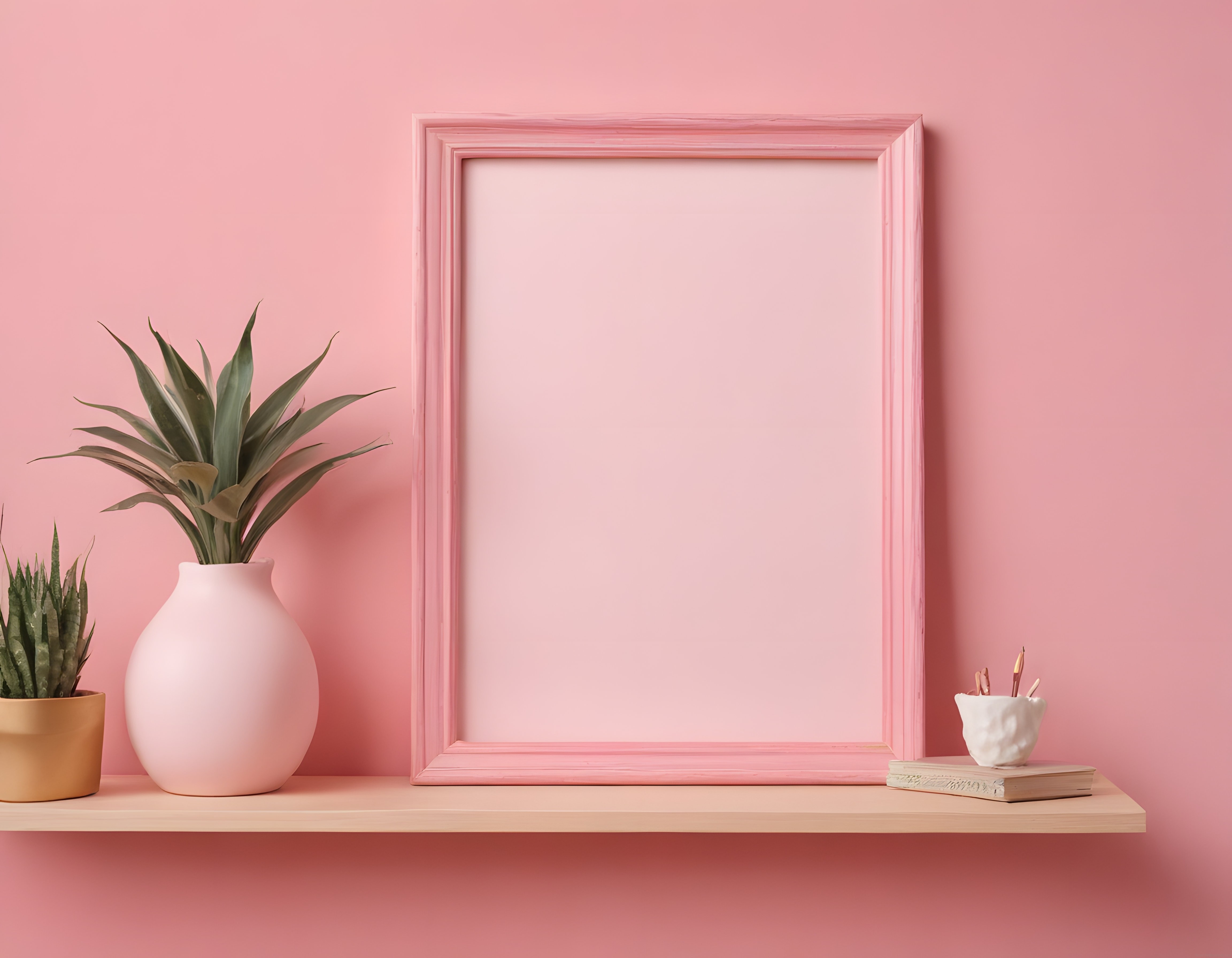 Pembe duvar önünde ahşap rafta boş çerçeve ve saksı bitkileri