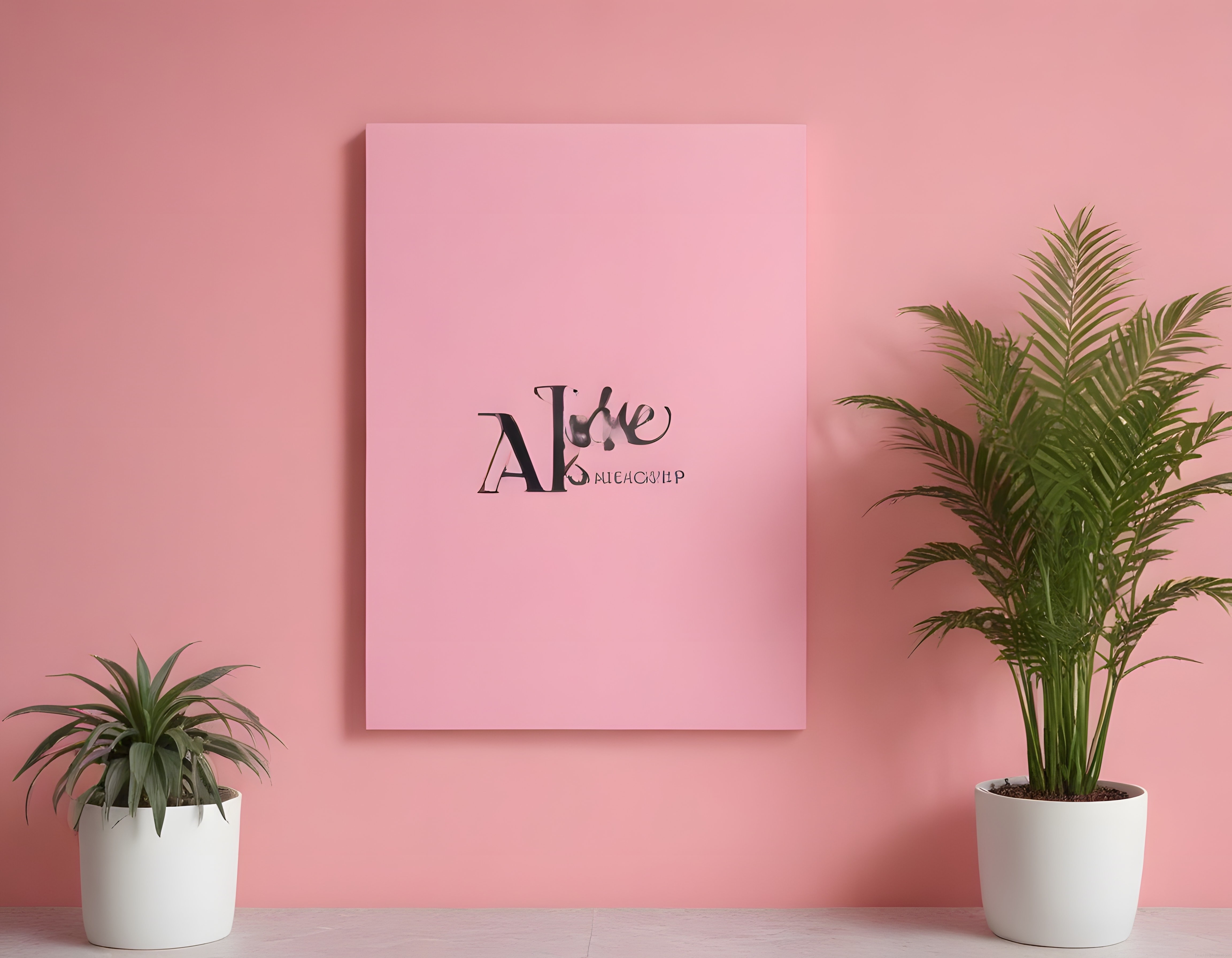 Pembe Duvar Önünde Bitkili Modern Dekorasyon ve Poster Sunum Konsepti
