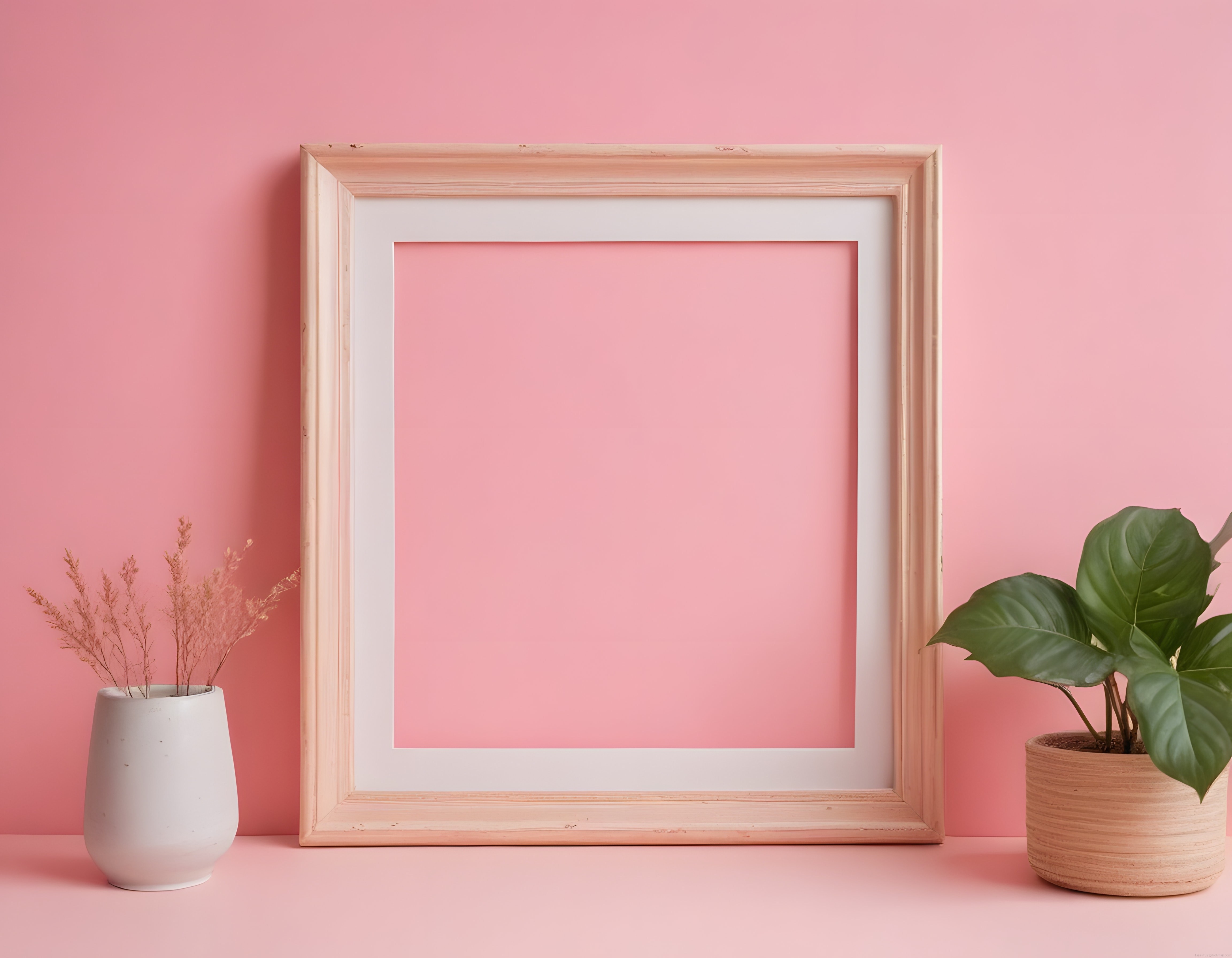 Pembe Duvar Önünde Boş Ahşap Çerçeve ve Dekoratif Bitkiler ile Ev Dekoru