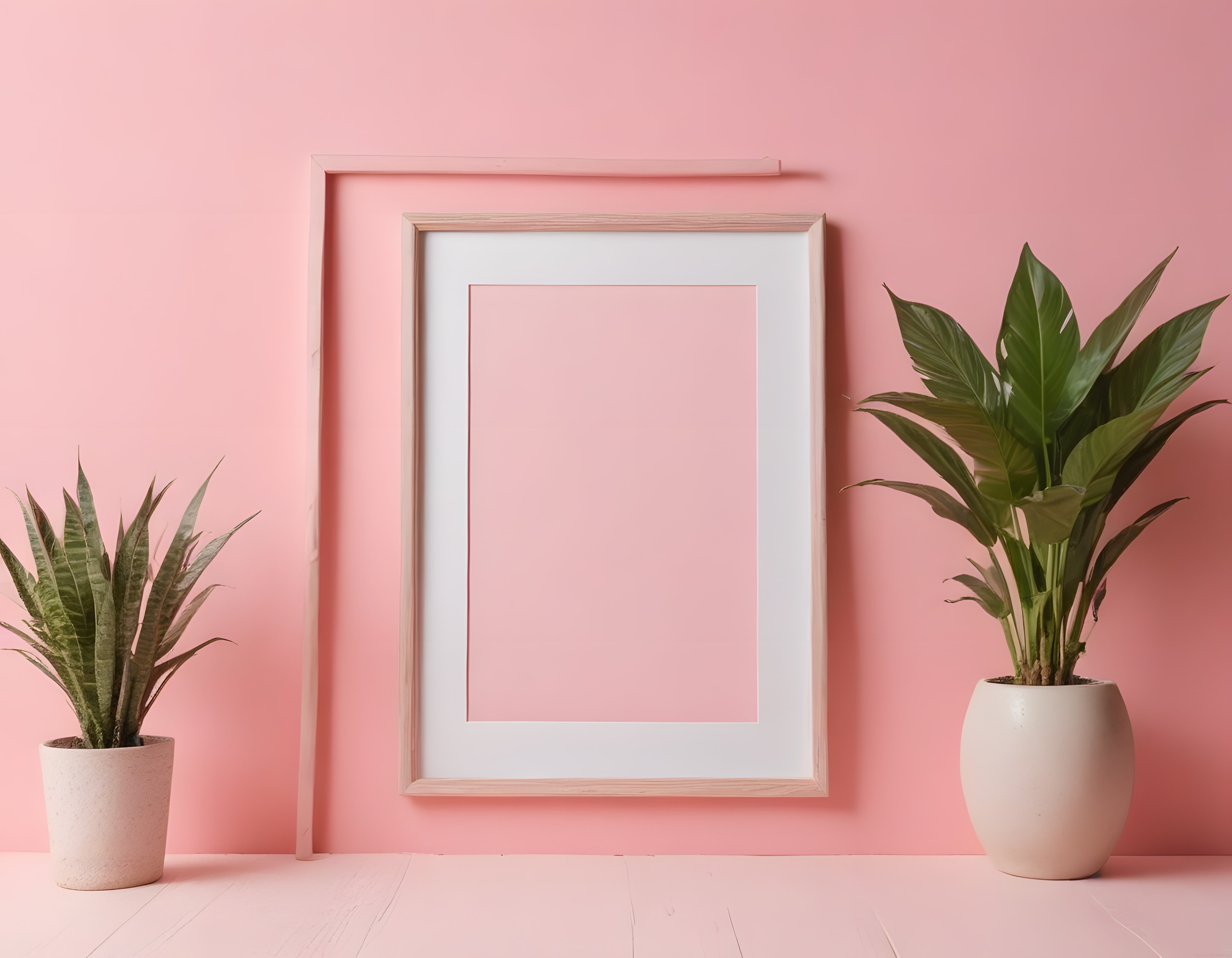 pembe duvar önünde boş çerçeve ve saksı bitkilerle minimalist iç mekan tasarımı