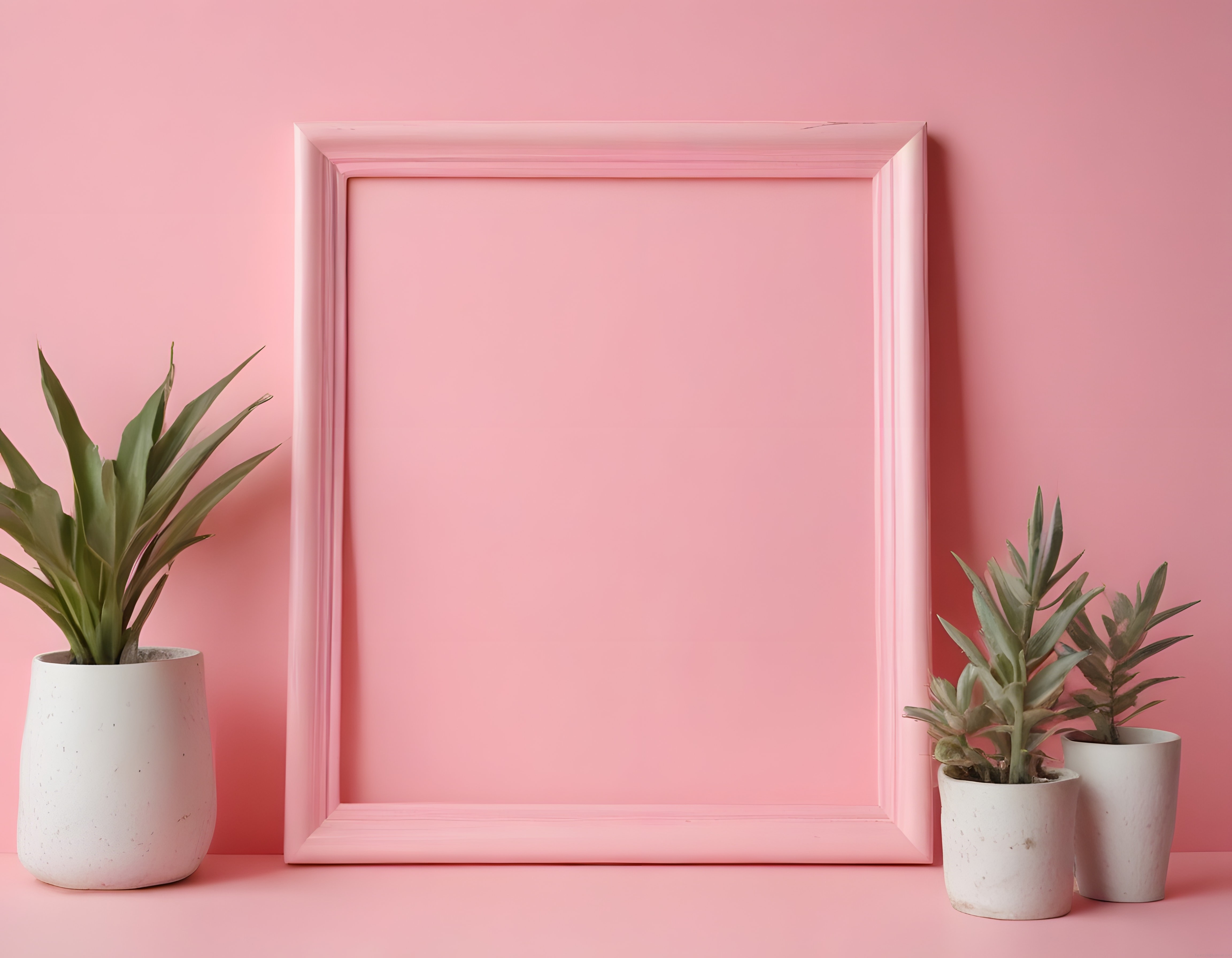 Pembe Duvar Önünde Boş Çerçeve ve Yeşil Saksı Bitkileri ile Modern Dekorasyon
