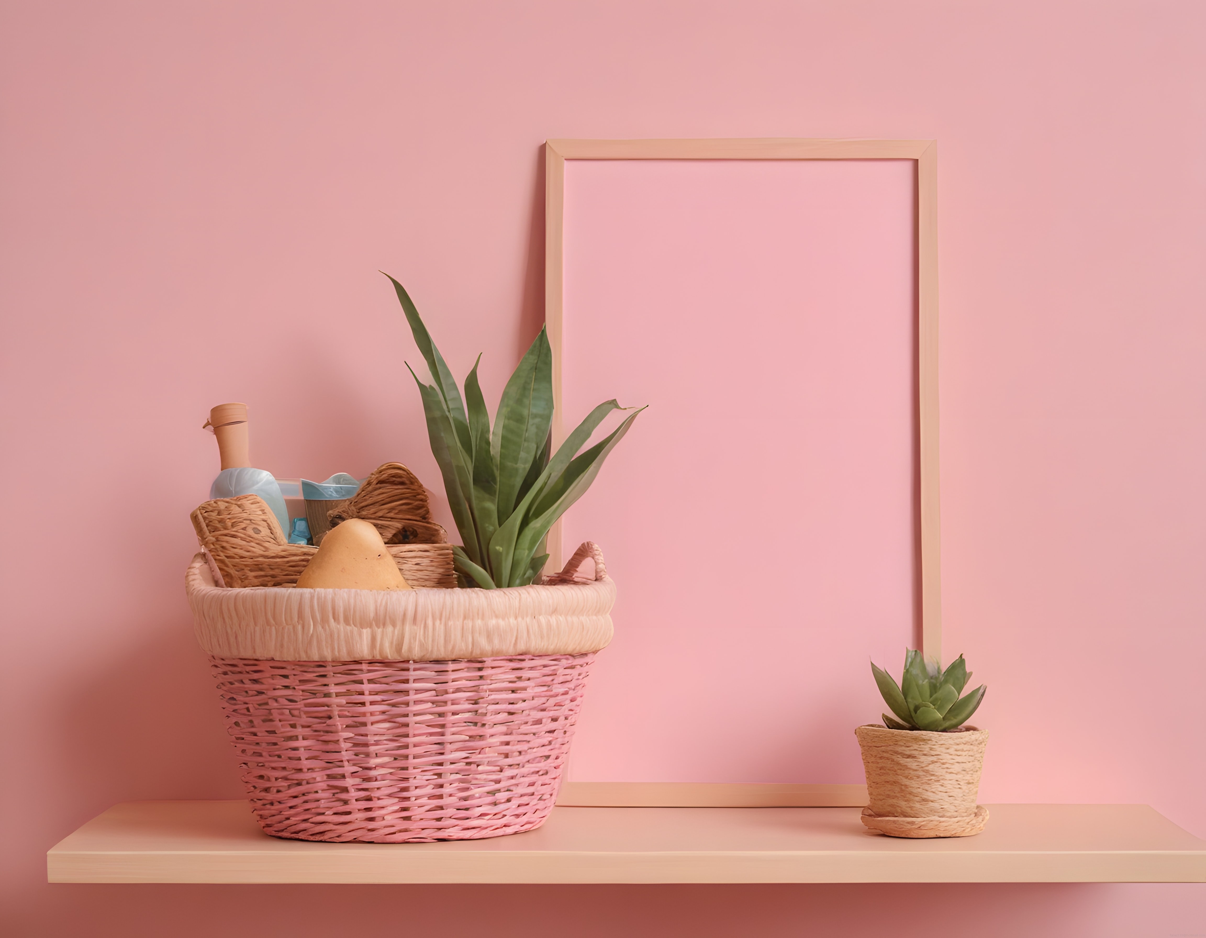 Pembe Duvar Önünde Dekoratif Hasır Sepet, Spa Ürünleri ve Boş Ahşap Çerçeve