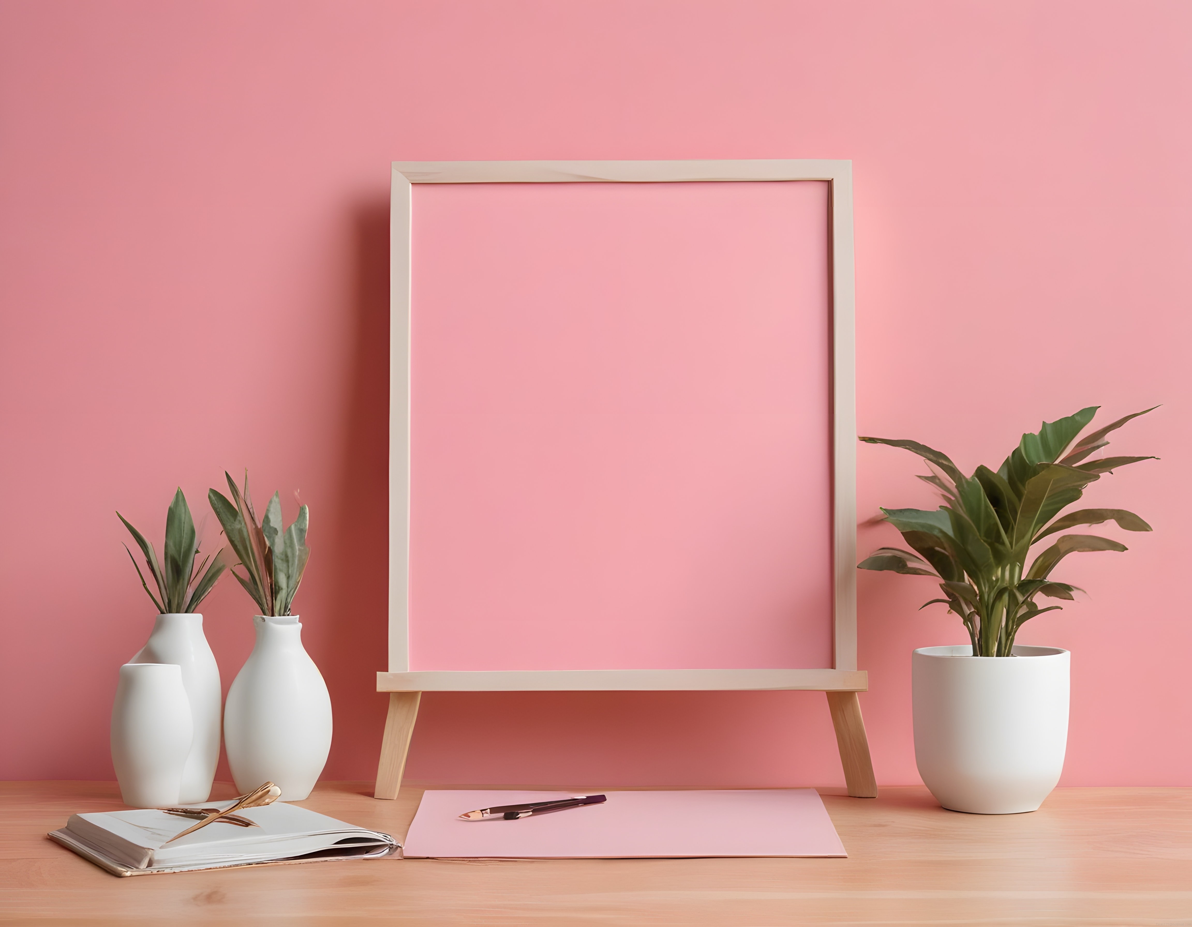 Pembe Duvar Önünde Minimalist Çalışma Alanı ve Dekoratif Çerçeve