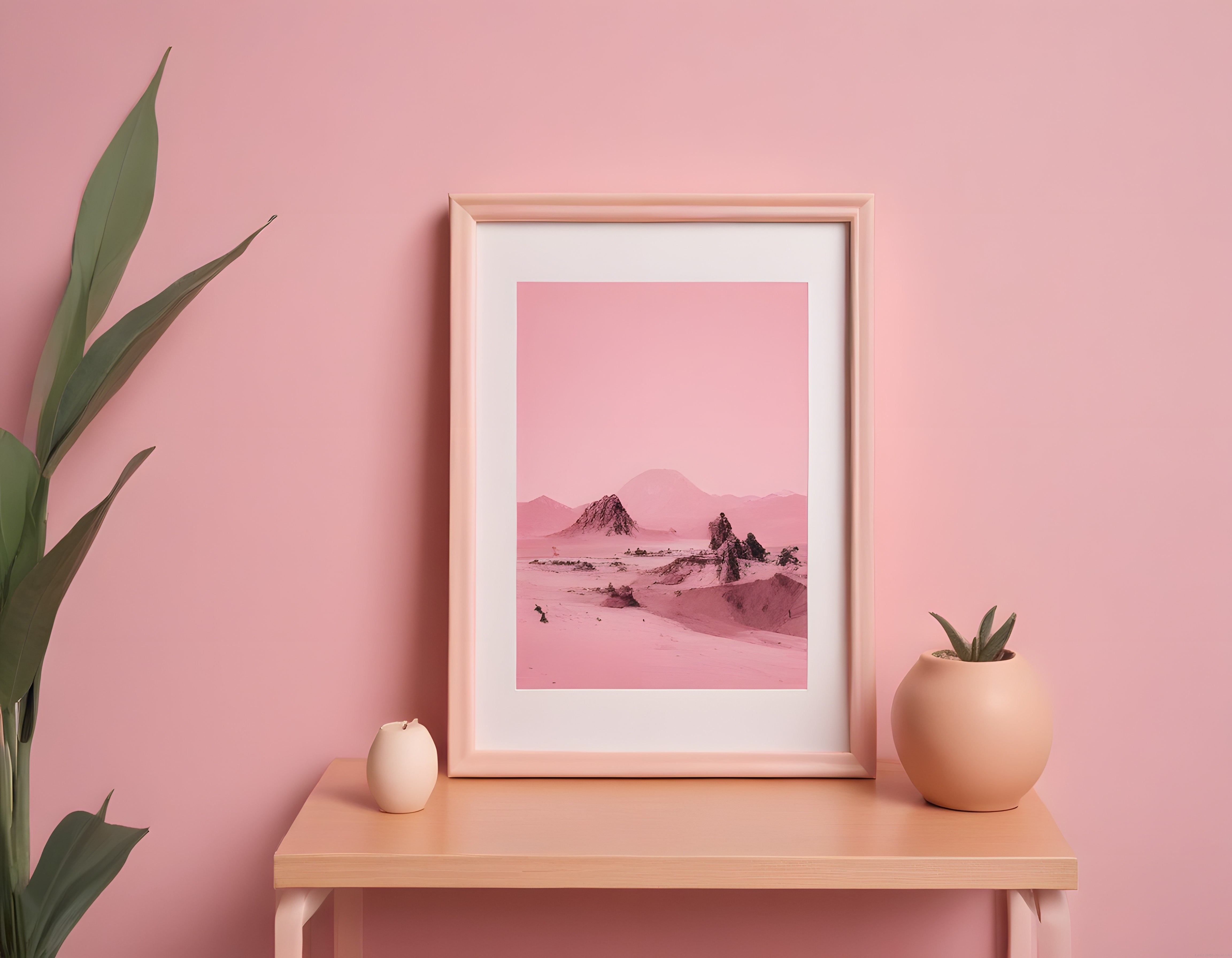 Pembe Duvar Önünde Minimalist Çerçeve ve Dağ Manzaralı Nordic Dekorasyon
