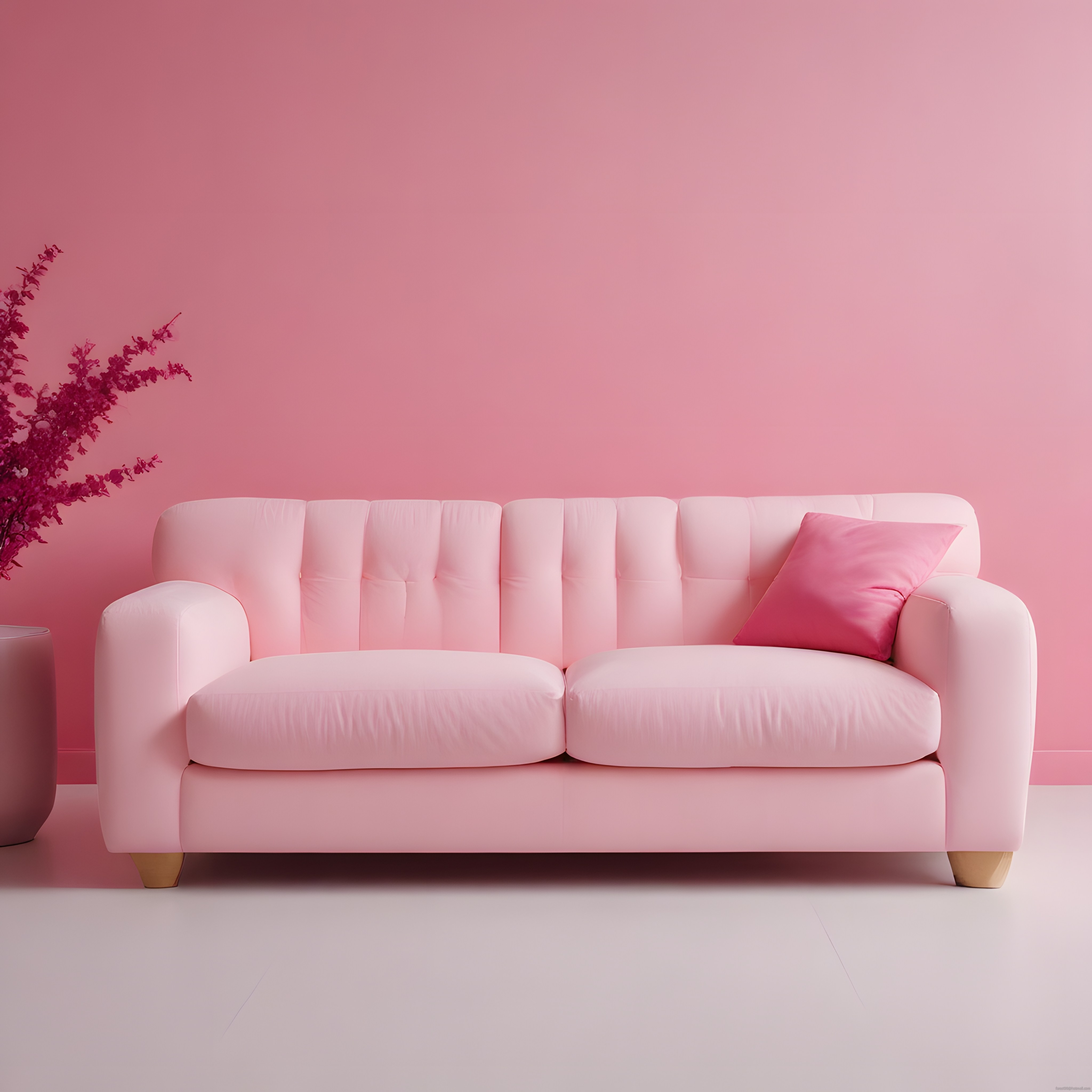 Pembe Duvar Önünde Modern Kanepe ve Dekoratif Detaylarla Şık İç Mekan