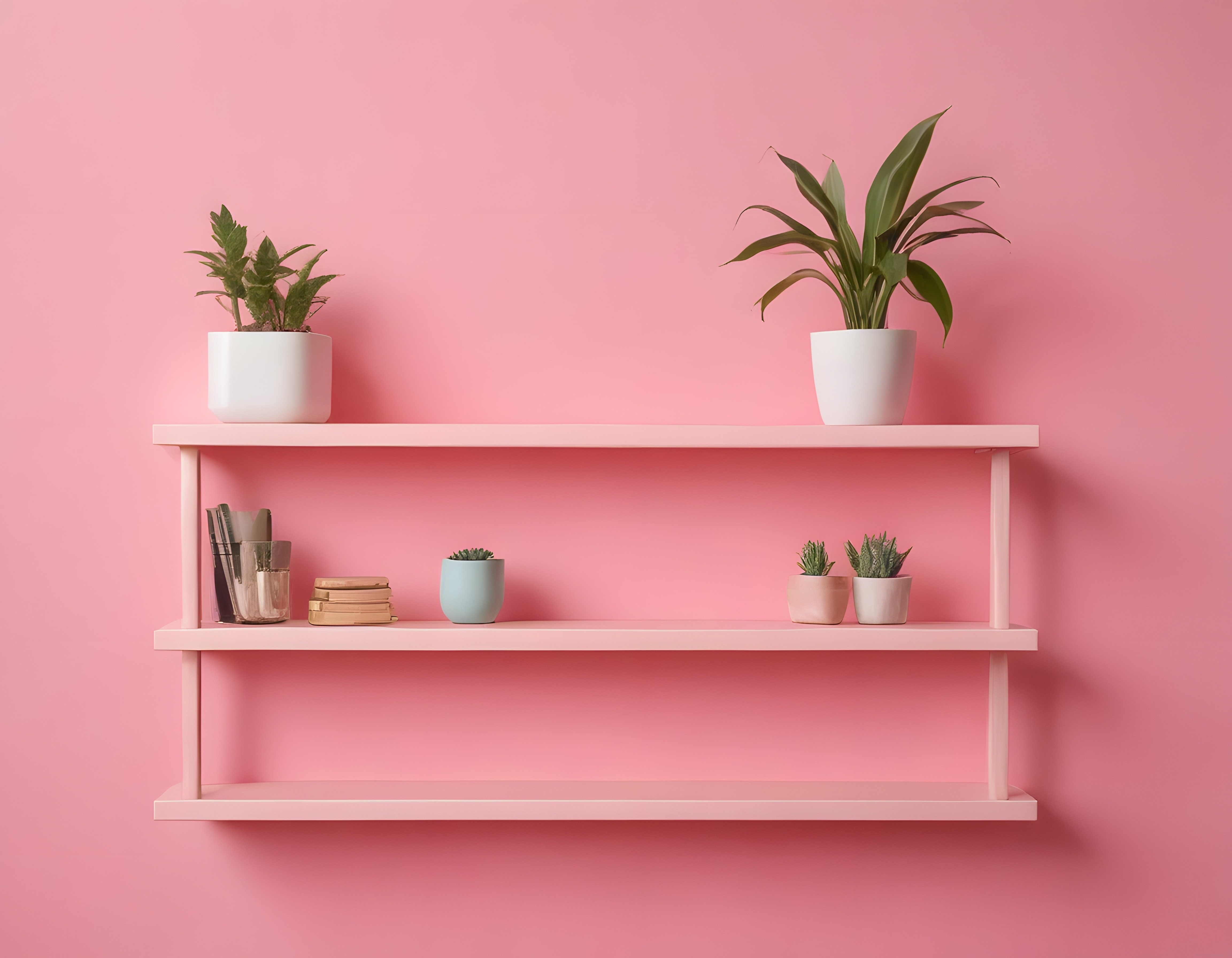 Pembe duvar önünde modern raf ünitesi ve saksı bitkileri ile estetik dekorasyon