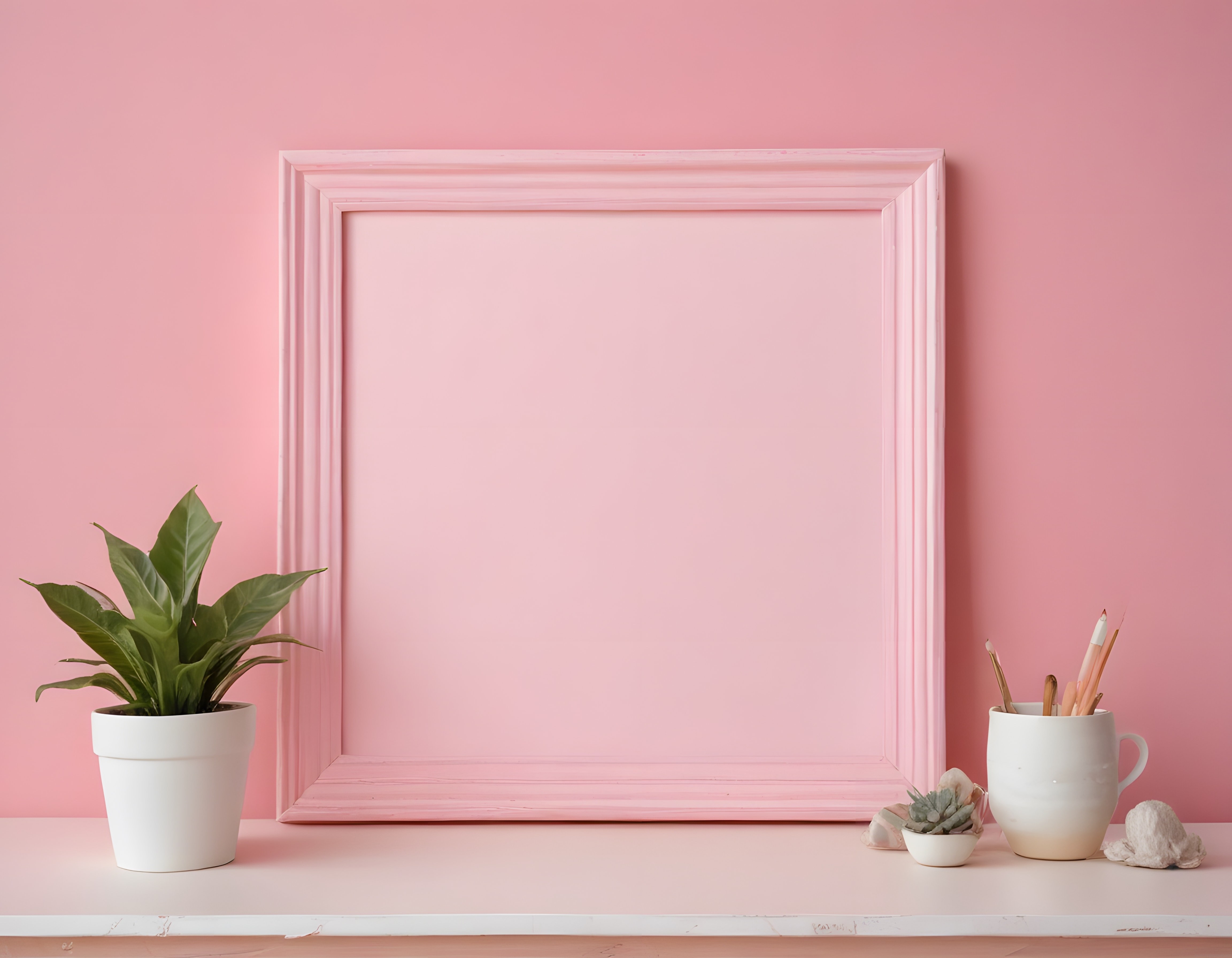 Pembe Duvar Önünde Şık Boş Çerçeve ve Yeşil Bitki ile Minimalist Dekor