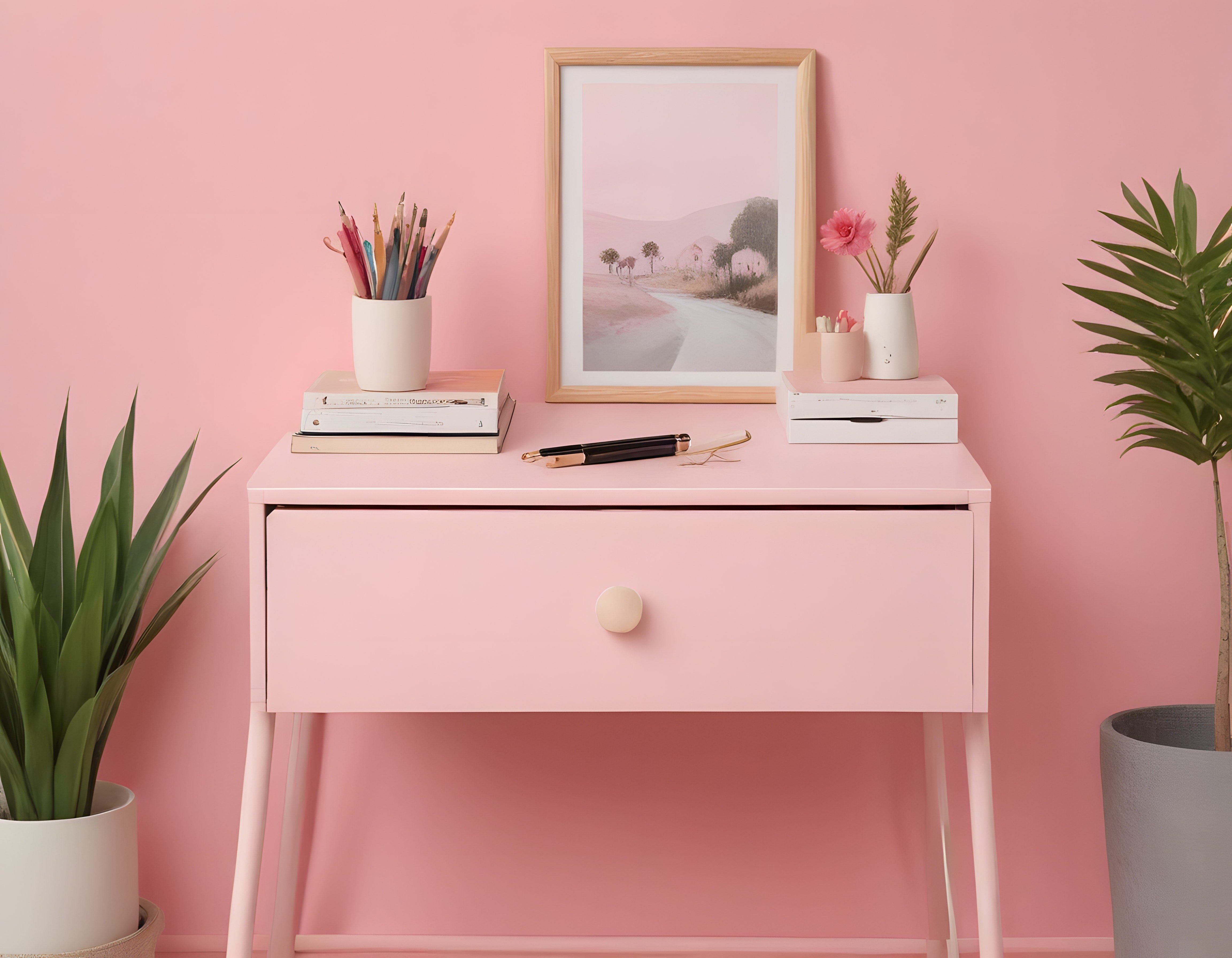 Pembe duvar önünde stilize edilmiş modern çalışma ve dekorasyon köşesi