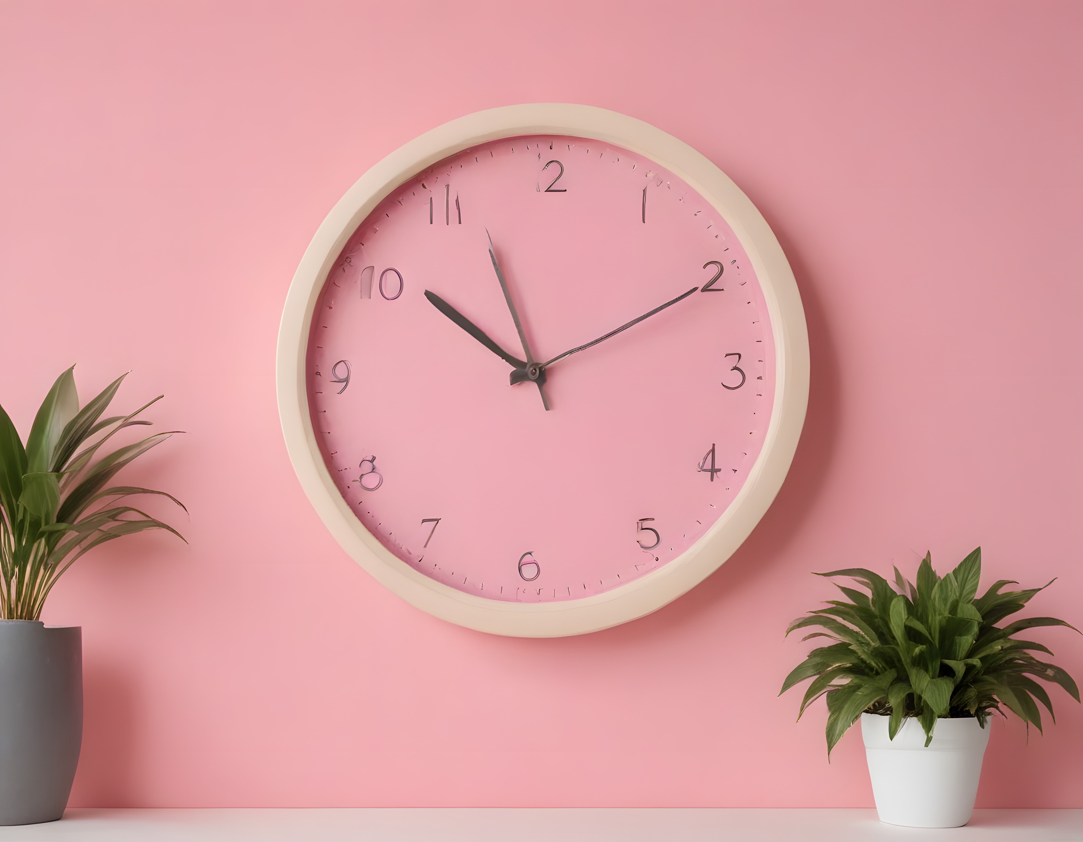 Pembe Duvar Üzerinde Beyaz Duvar Saati ve Yeşil Bitkilerle Modern Dekorasyon