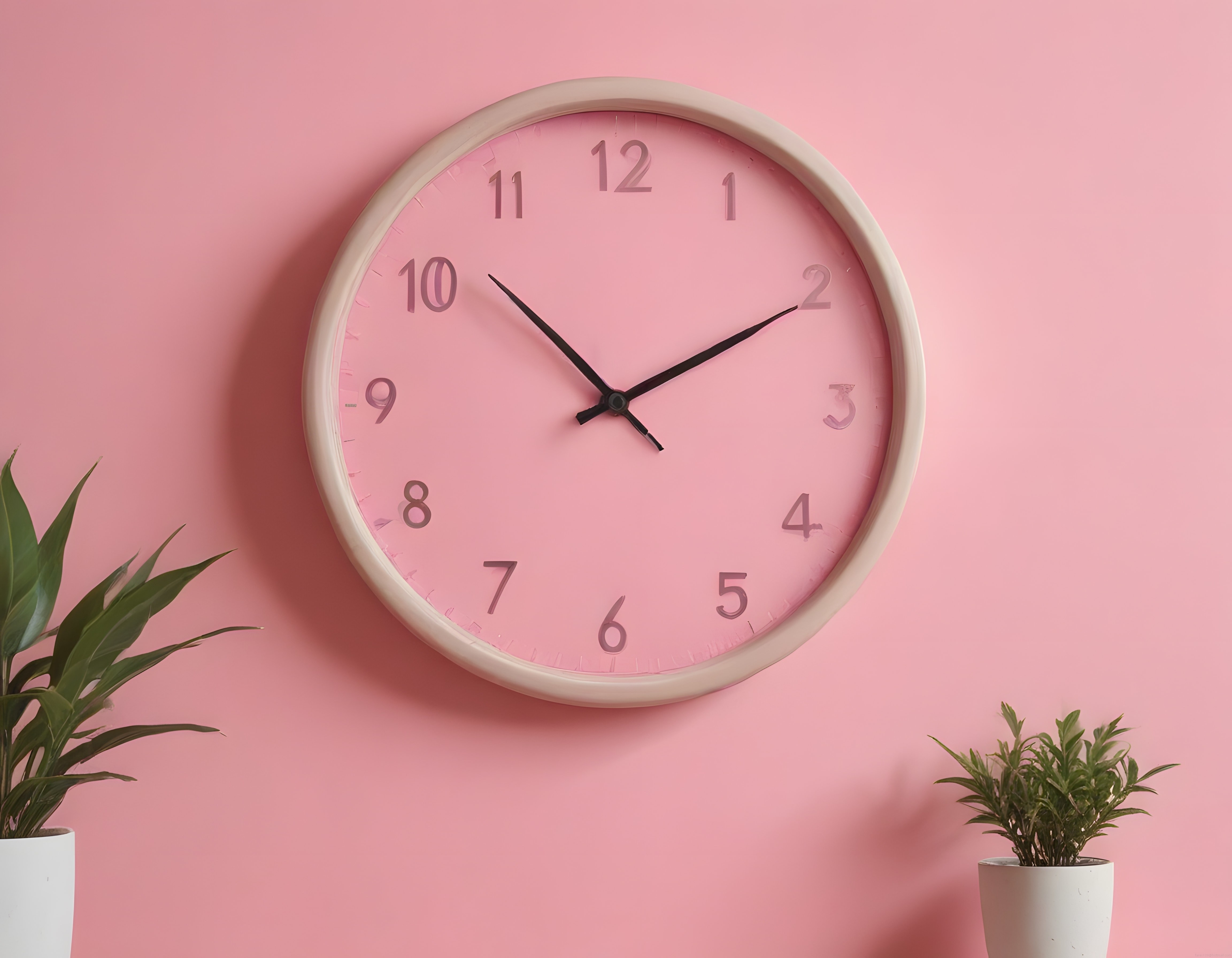 Pembe Duvar Üzerinde Modern Yuvarlak Duvar Saati ve Dekoratif Yeşil Bitkiler