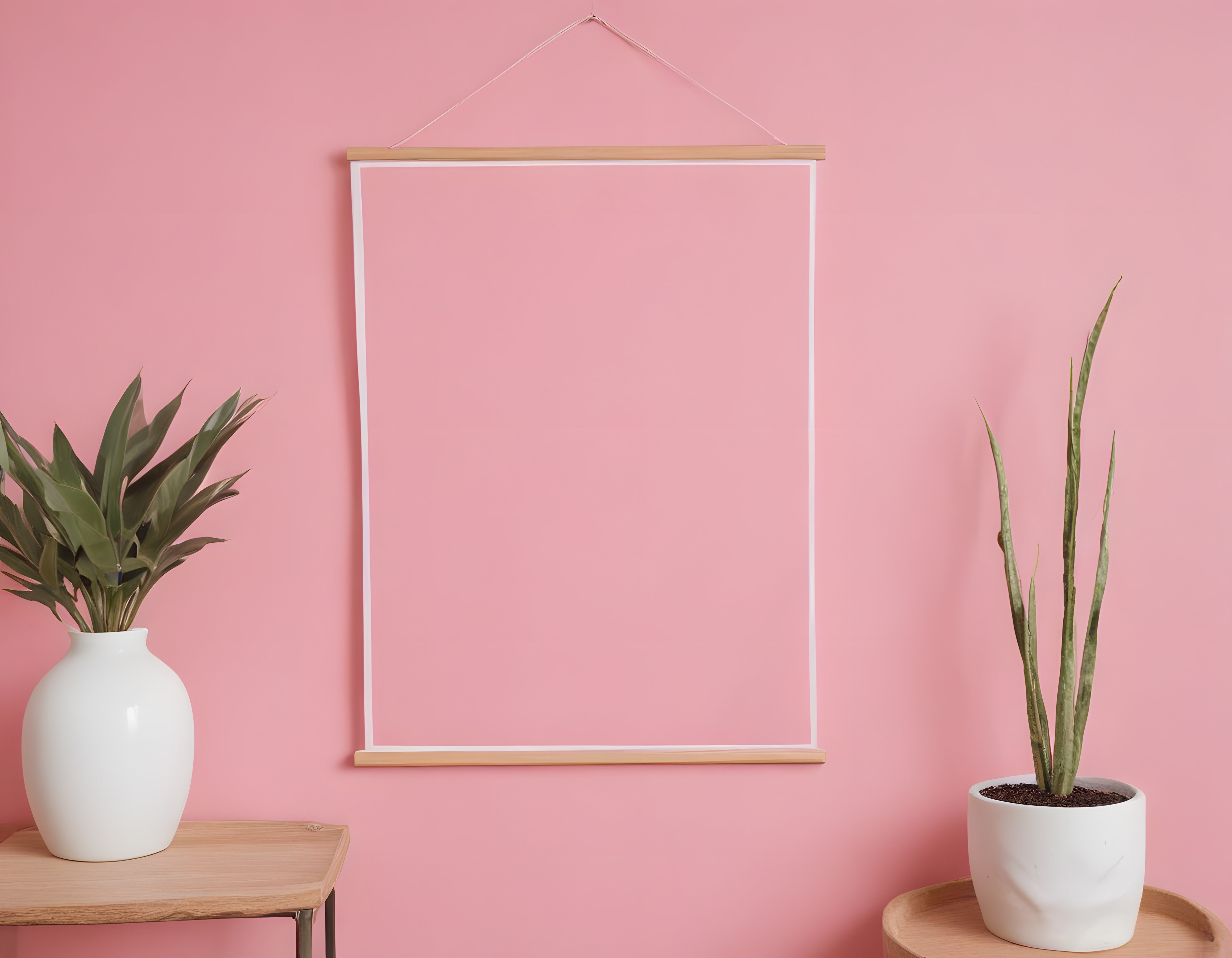 Pembe duvar ve boş poster çerçevesiyle modern iç mekan dekorasyonu