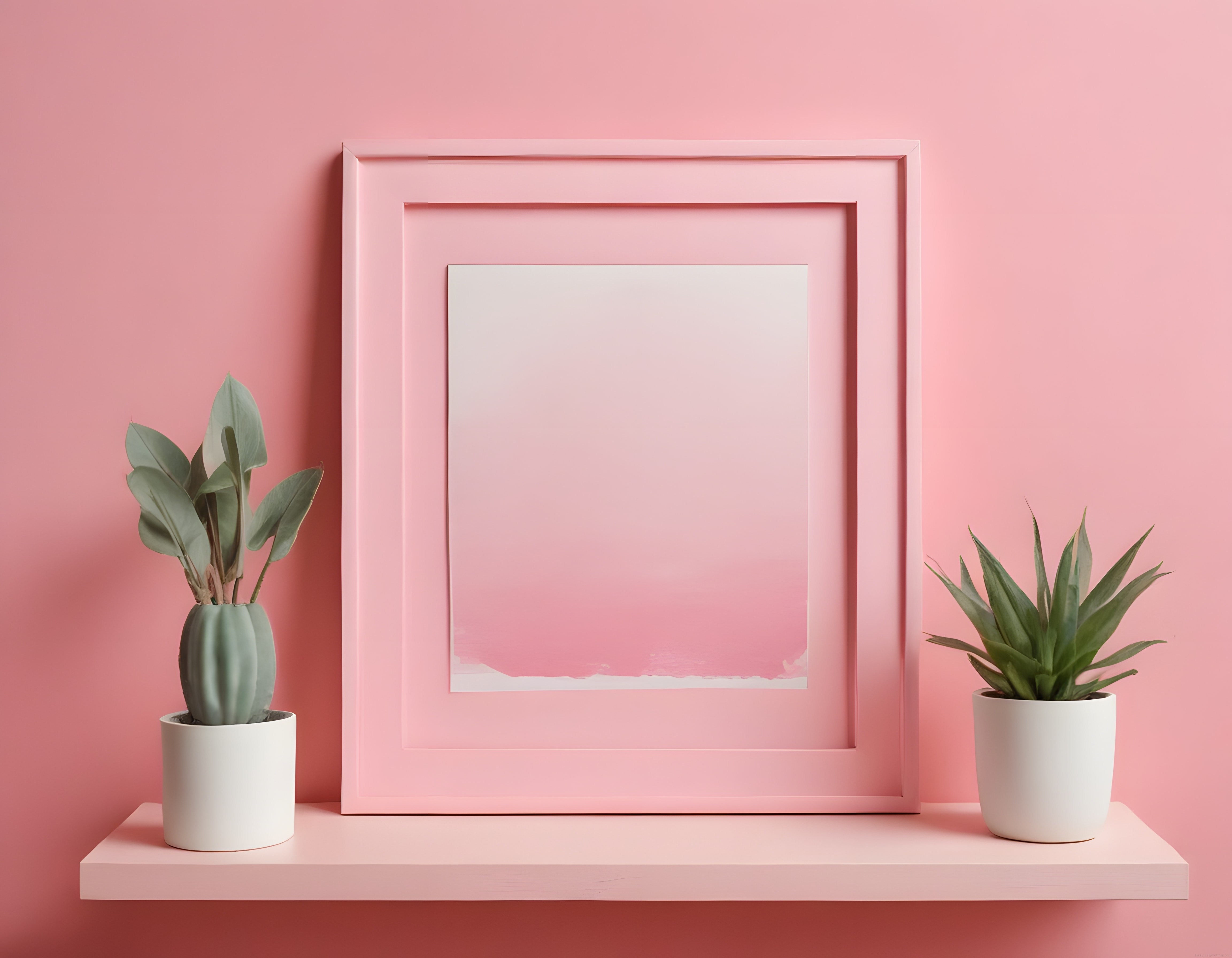 Pembe Duvar ve Çerçeveli Raf Üzerinde Dekoratif Saksı Bitkileri