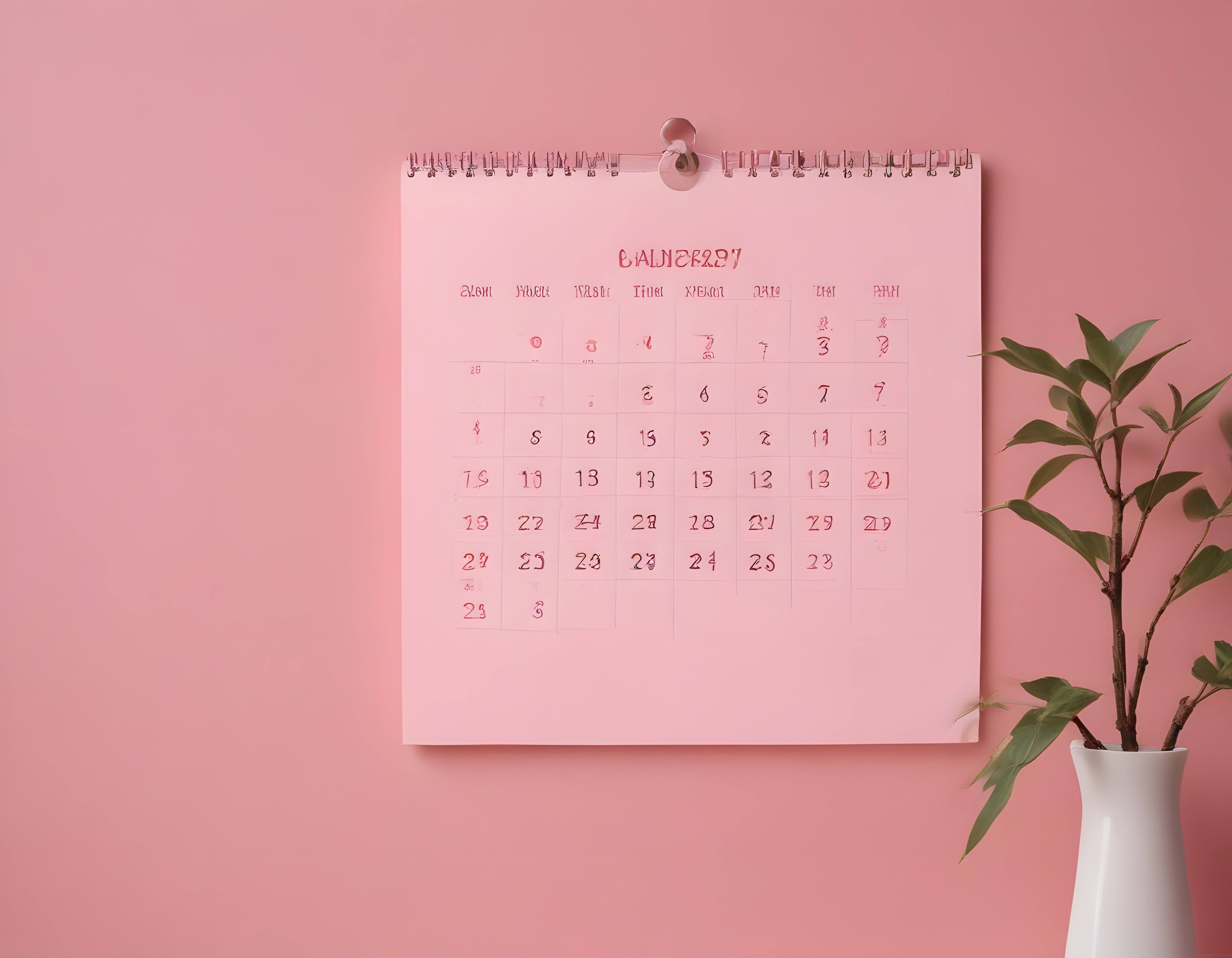 Pembe Duvara Asılı Minimalist Ocak Ayı Duvar Takvimi ve Beyaz Vazoda Dekoratif Bitki