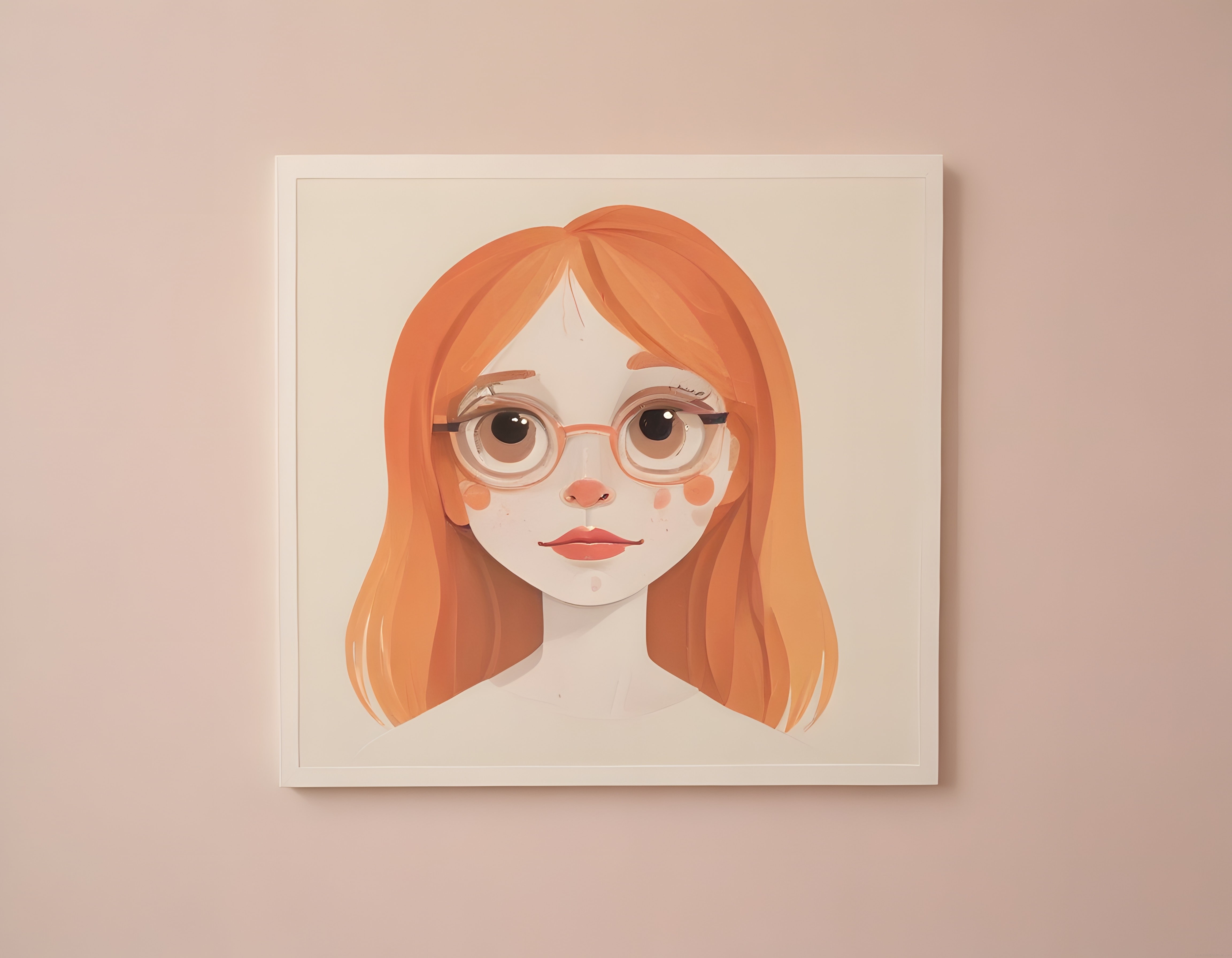 Pembe duvarda asılı turuncu saçlı kadın illüstrasyonu tablosu ve minimal sanat