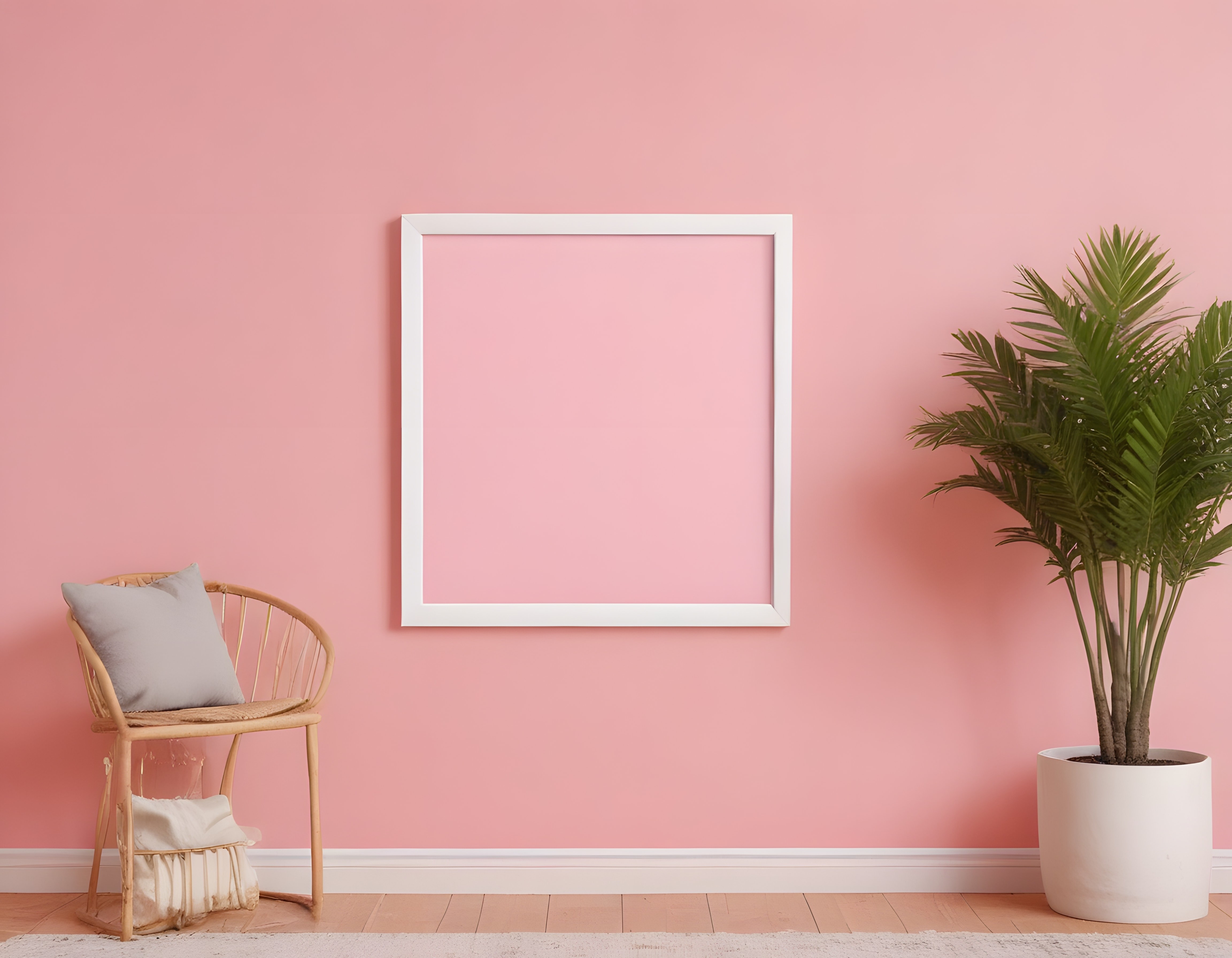 Pembe duvarda beyaz poster çerçevesi ve tropikal bitkili dekoratif oda köşesi