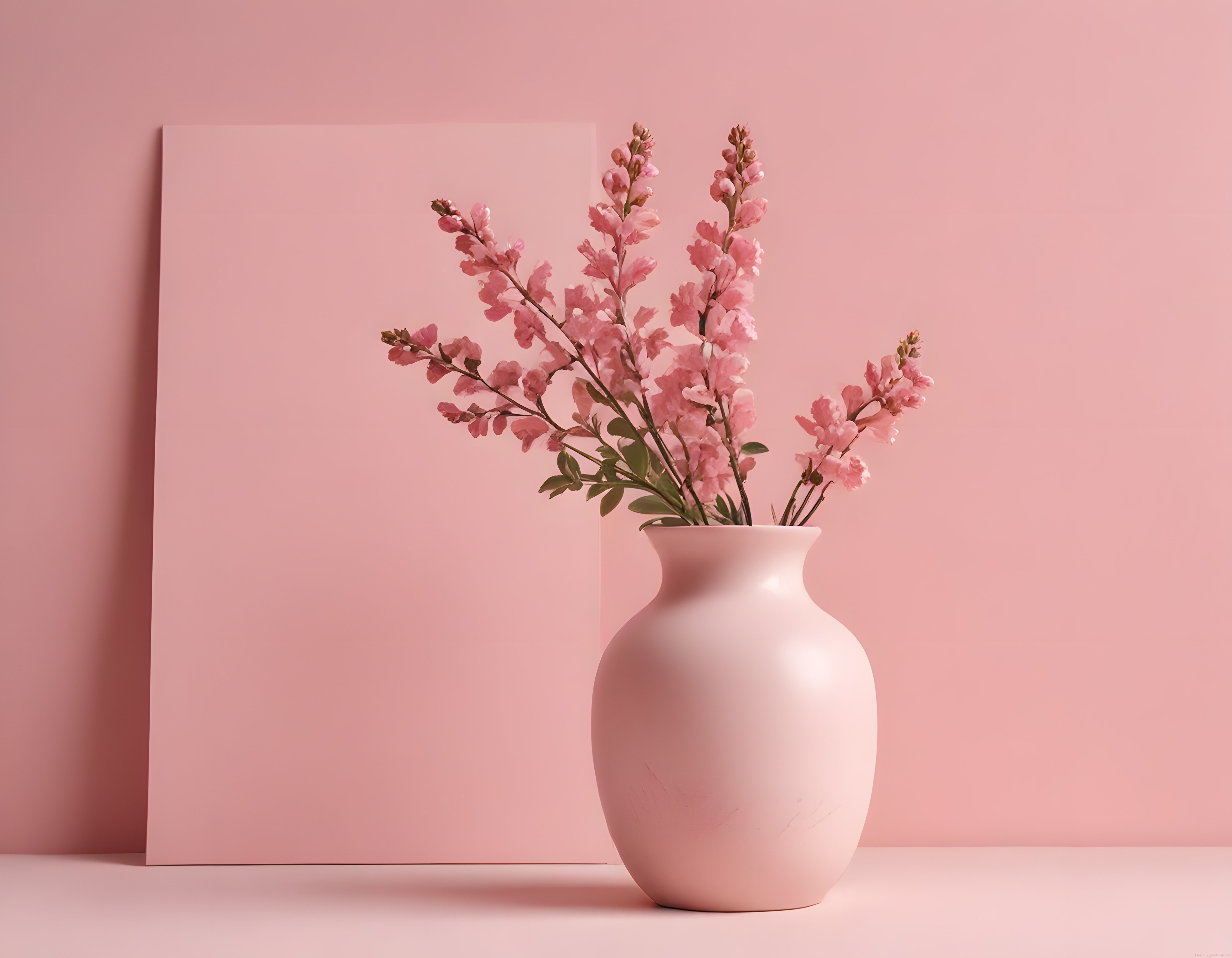 Pembe duvarda beyaz vazoda aslanağzı çiçekleriyle sade iç mekan dekorasyonu