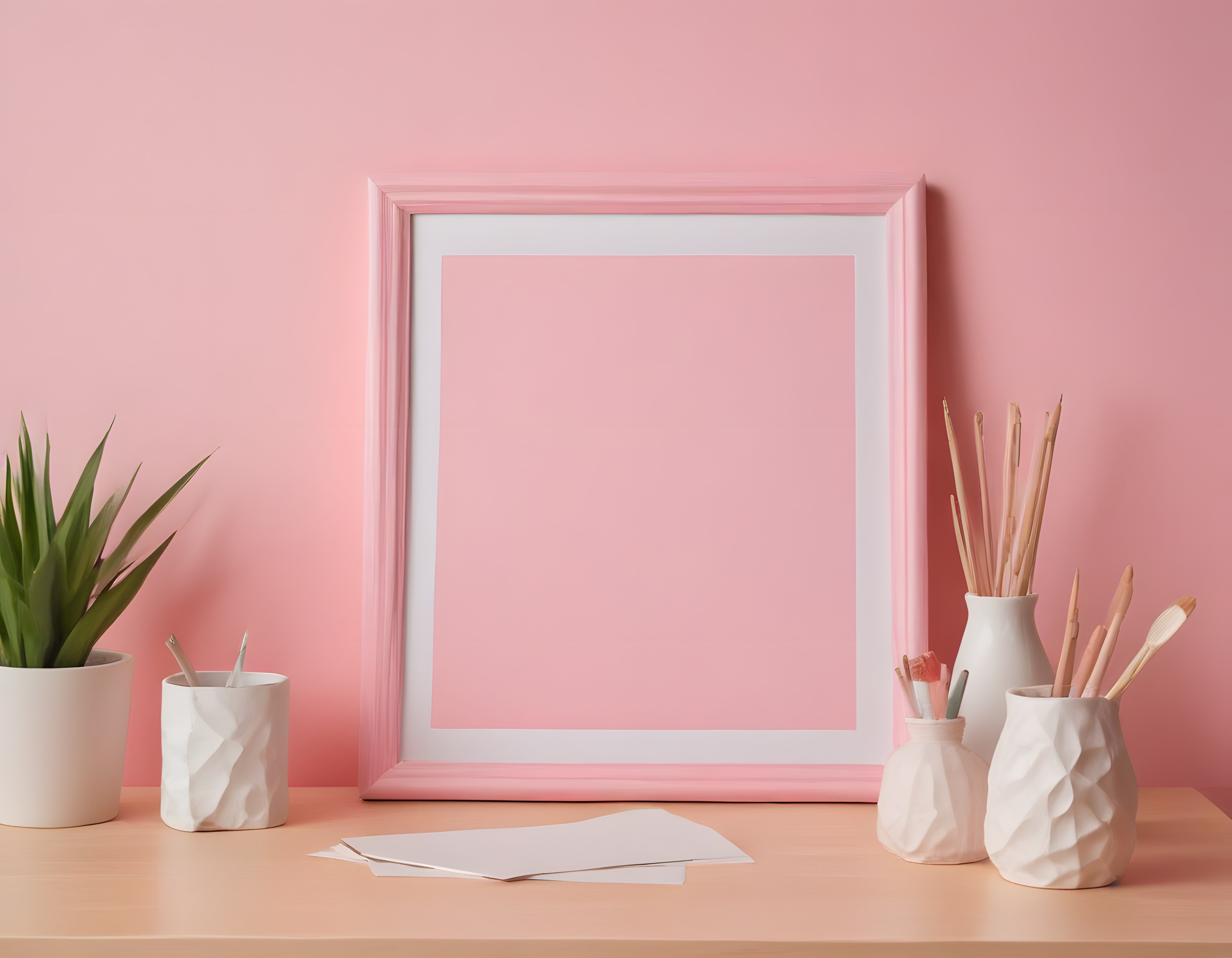 pembe duvarda boş çerçeve ve minimalist beyaz masa dekorasyonu