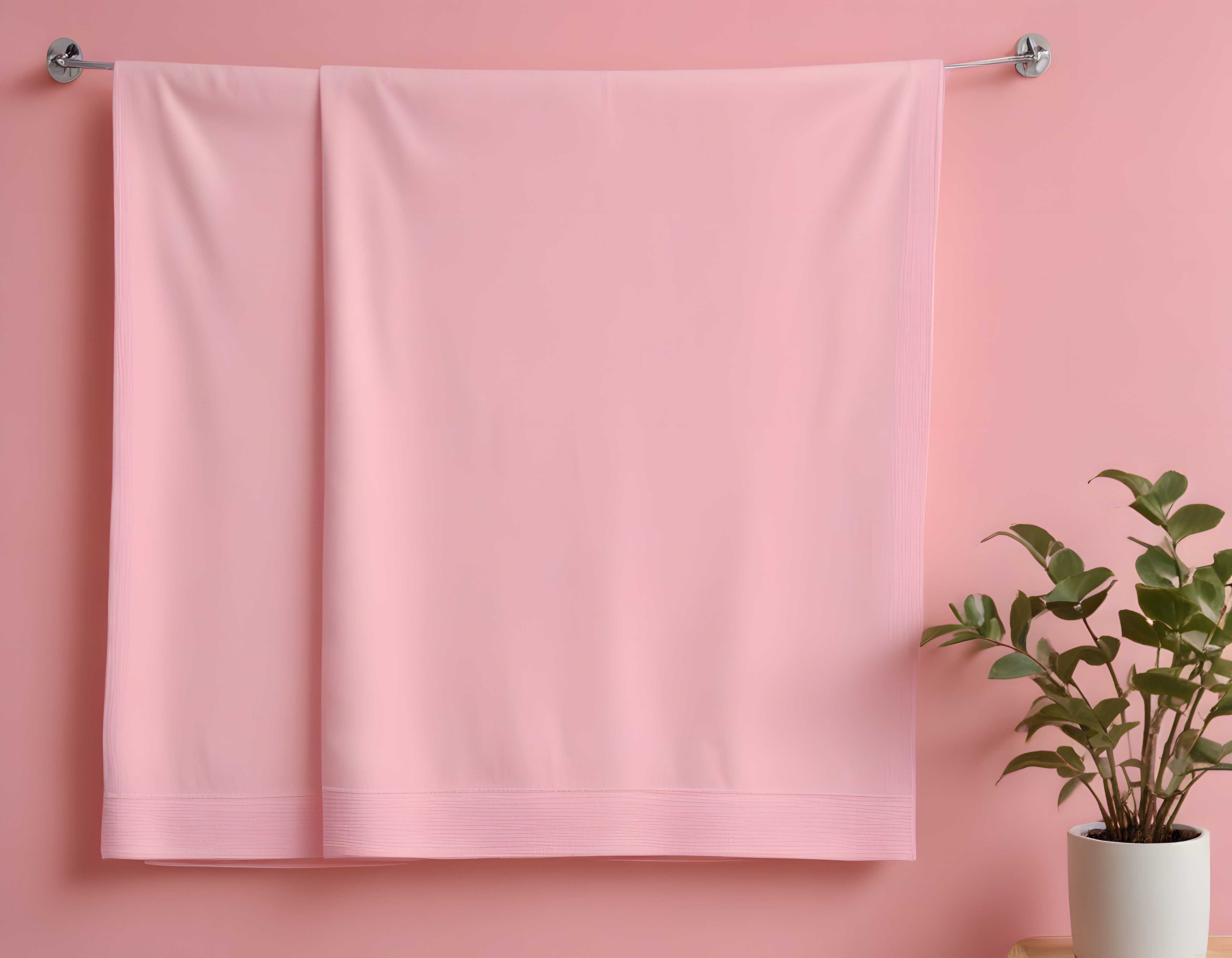 Pembe Duvarlı Minimal Banyo: Askılı Havlu ve Beyaz Saksıda Yeşil Bitki