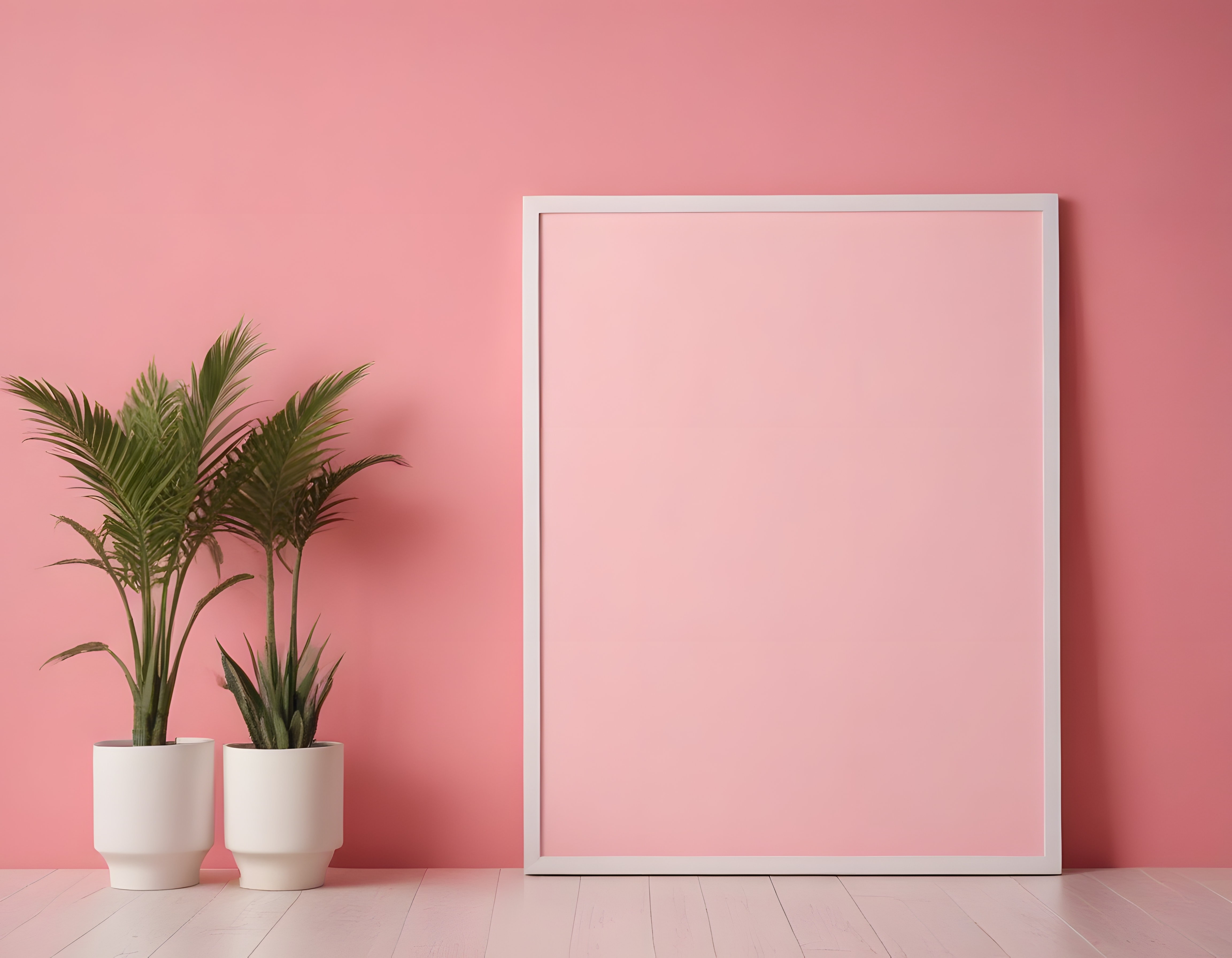 Pembe Duvarlı Minimal Mekanda Beyaz Çerçeveli Boş Poster ve Yeşil Bitkiler