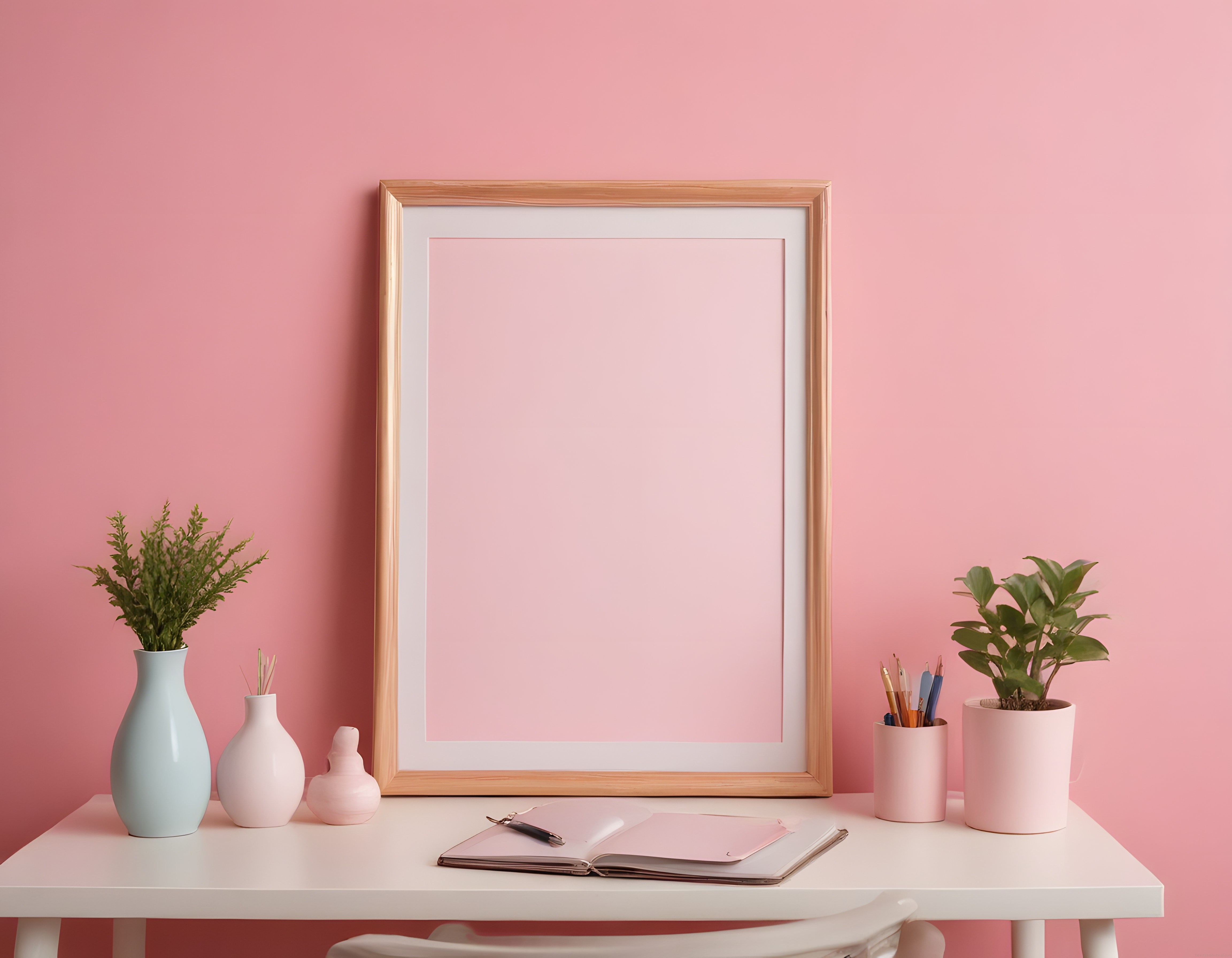 Pembe Duvarlı Minimalist Çalışma Masası ve Boş Ahşap Çerçeve Dekoru