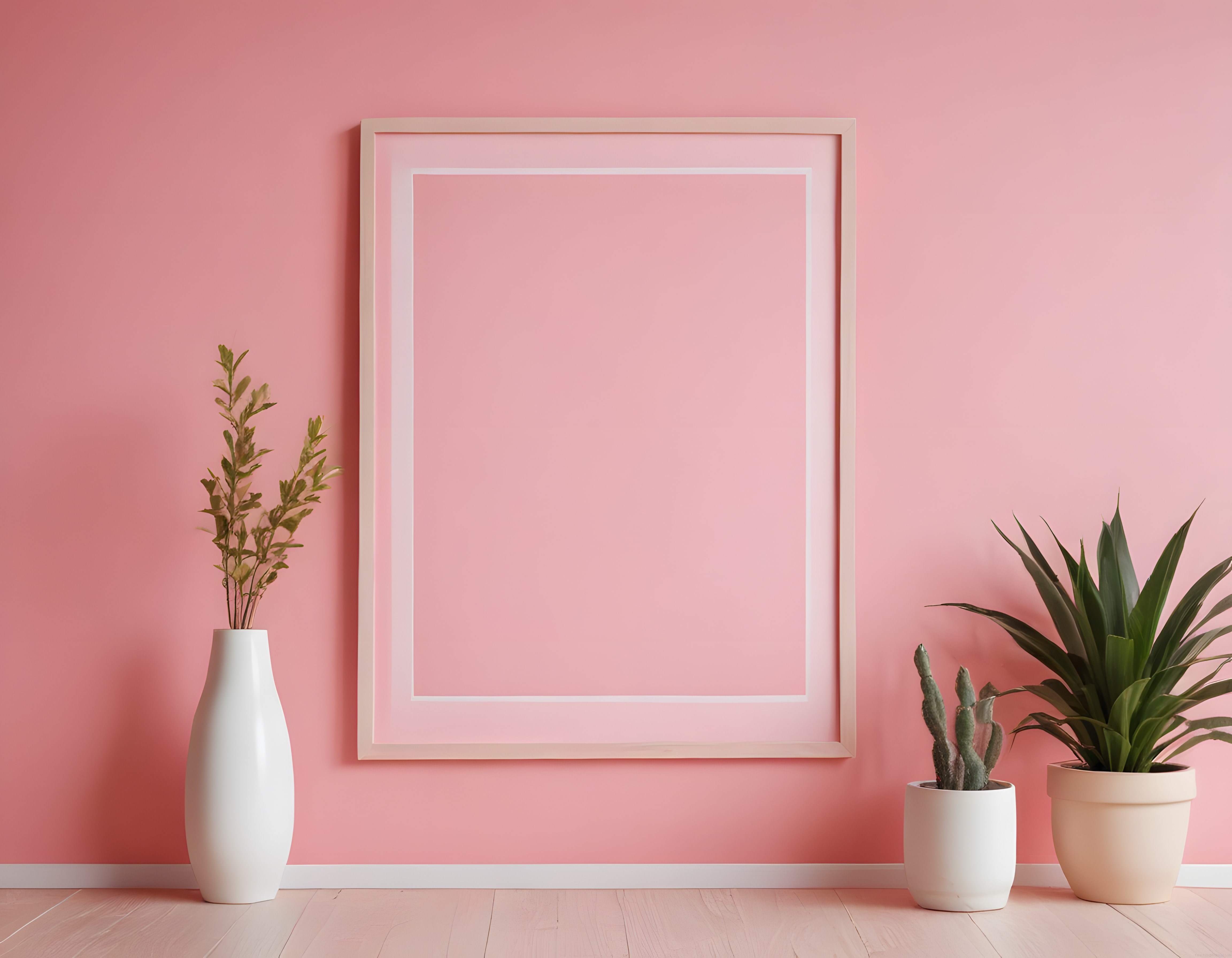 Pembe Duvarlı Minimalist Dekorasyonda Boş Çerçeve ve Yeşil Bitkiler