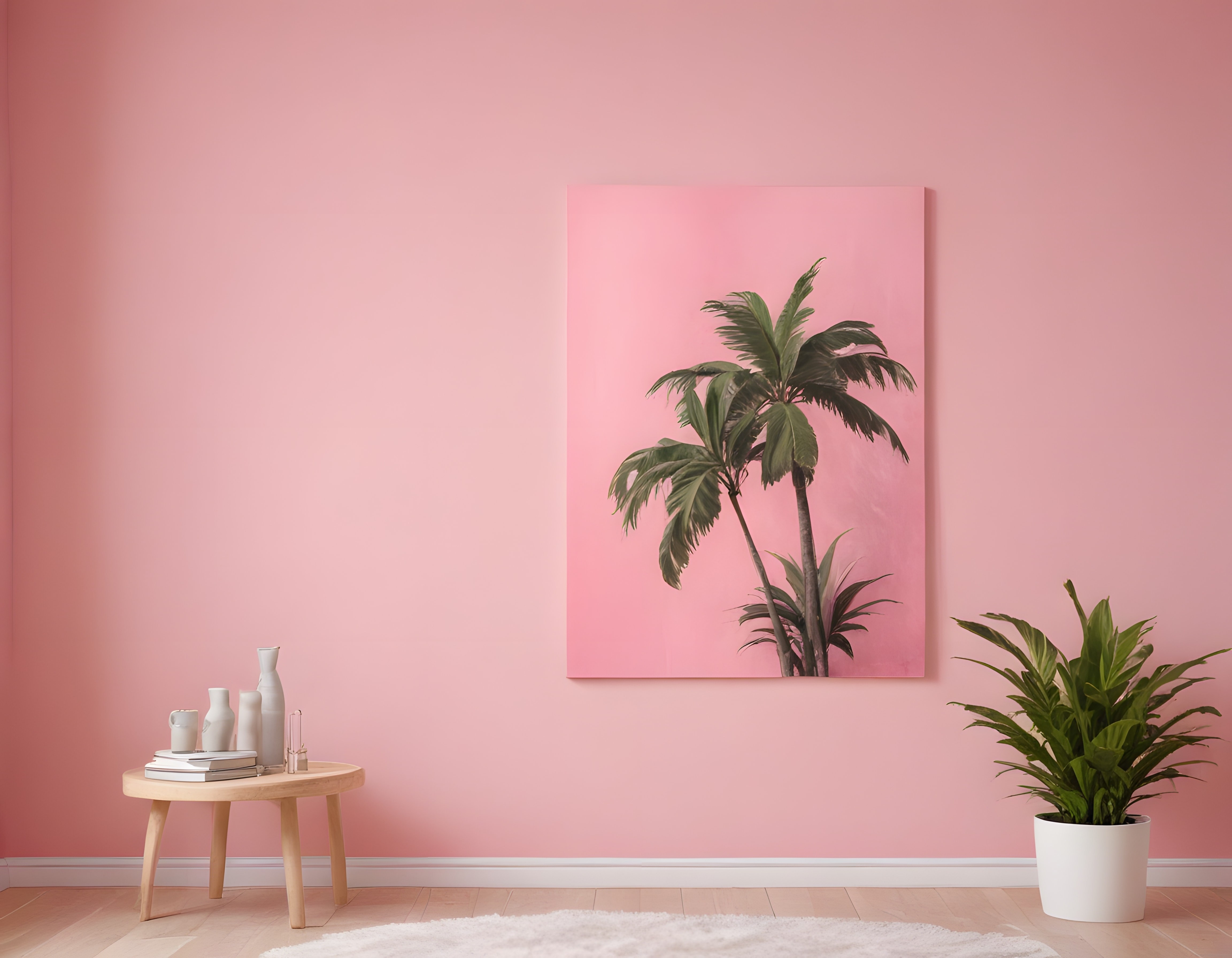 Pembe Duvarlı Minimalist İç Mekan Dekorasyonu ve Tropikal Palmiye Tablosu