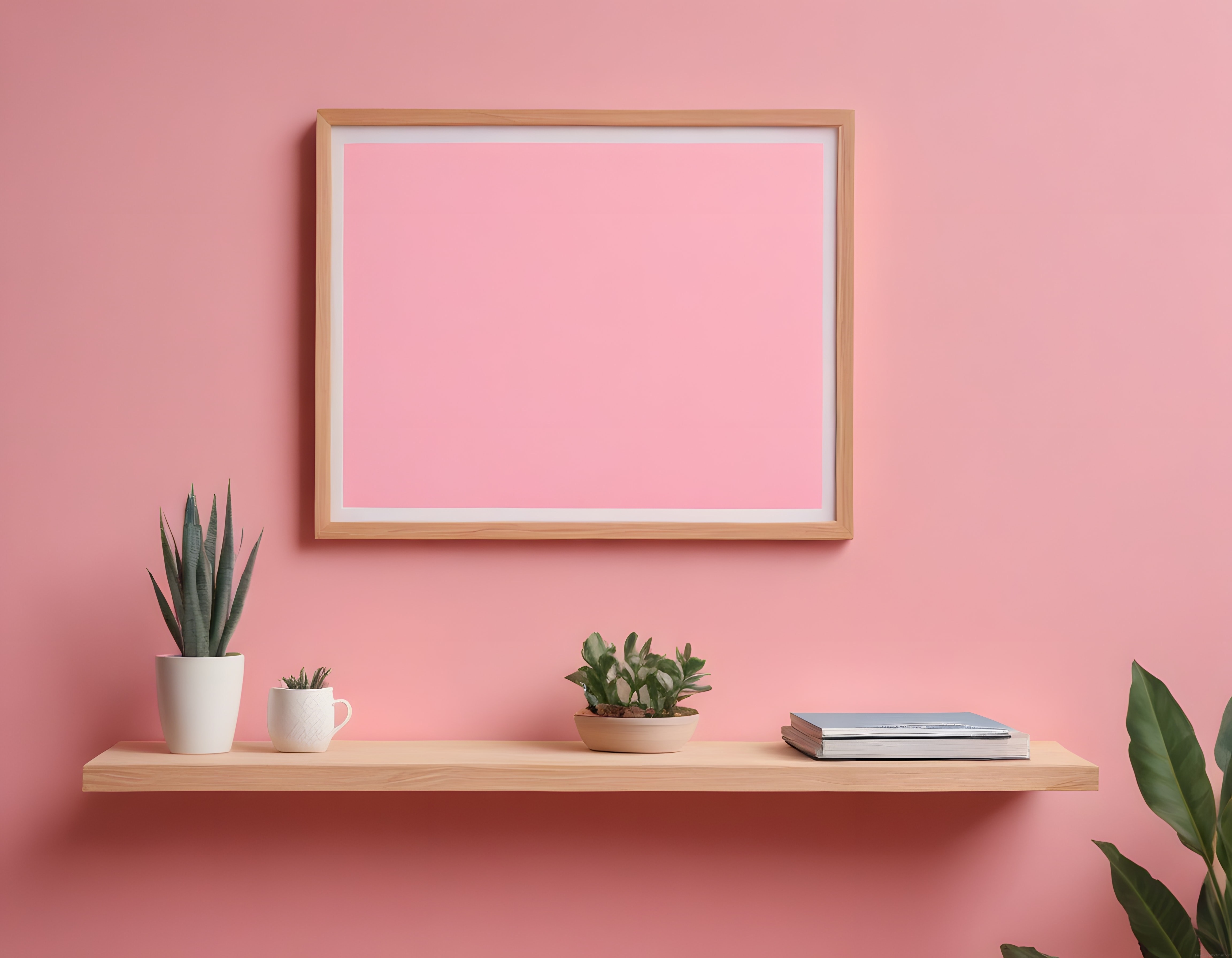 Pembe Duvarlı Minimalist Oda Dekorasyonu ve Ahşap Çerçeveli Duvar Tasarımı