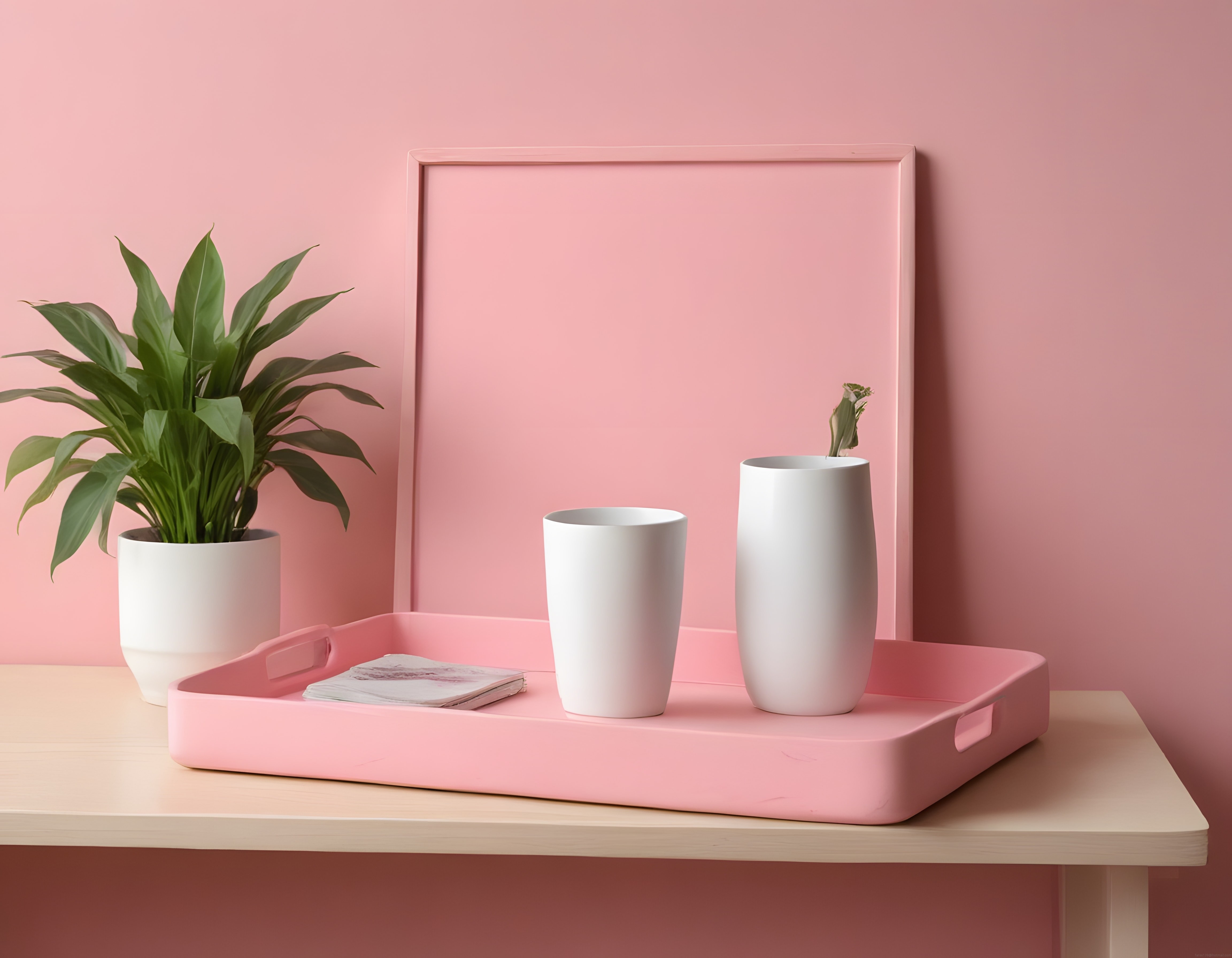 Pembe Duvarlı Minimalist Oda Dekorasyonu ve Beyaz Seramik Vazolar