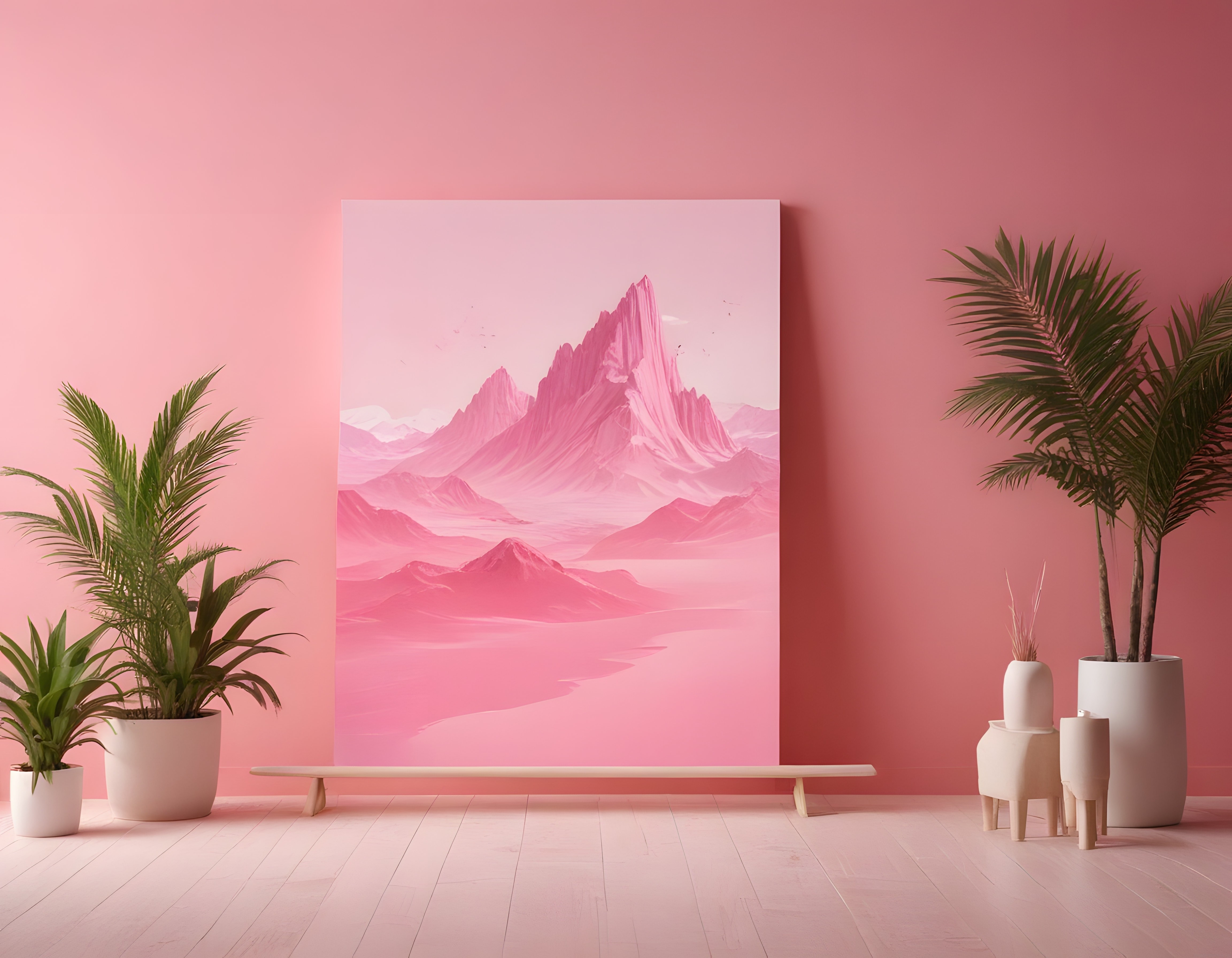 Pembe Duvarlı Minimalist Salon Dağ Manzaralı Tablo ve Tropikal Bitki Dekoru