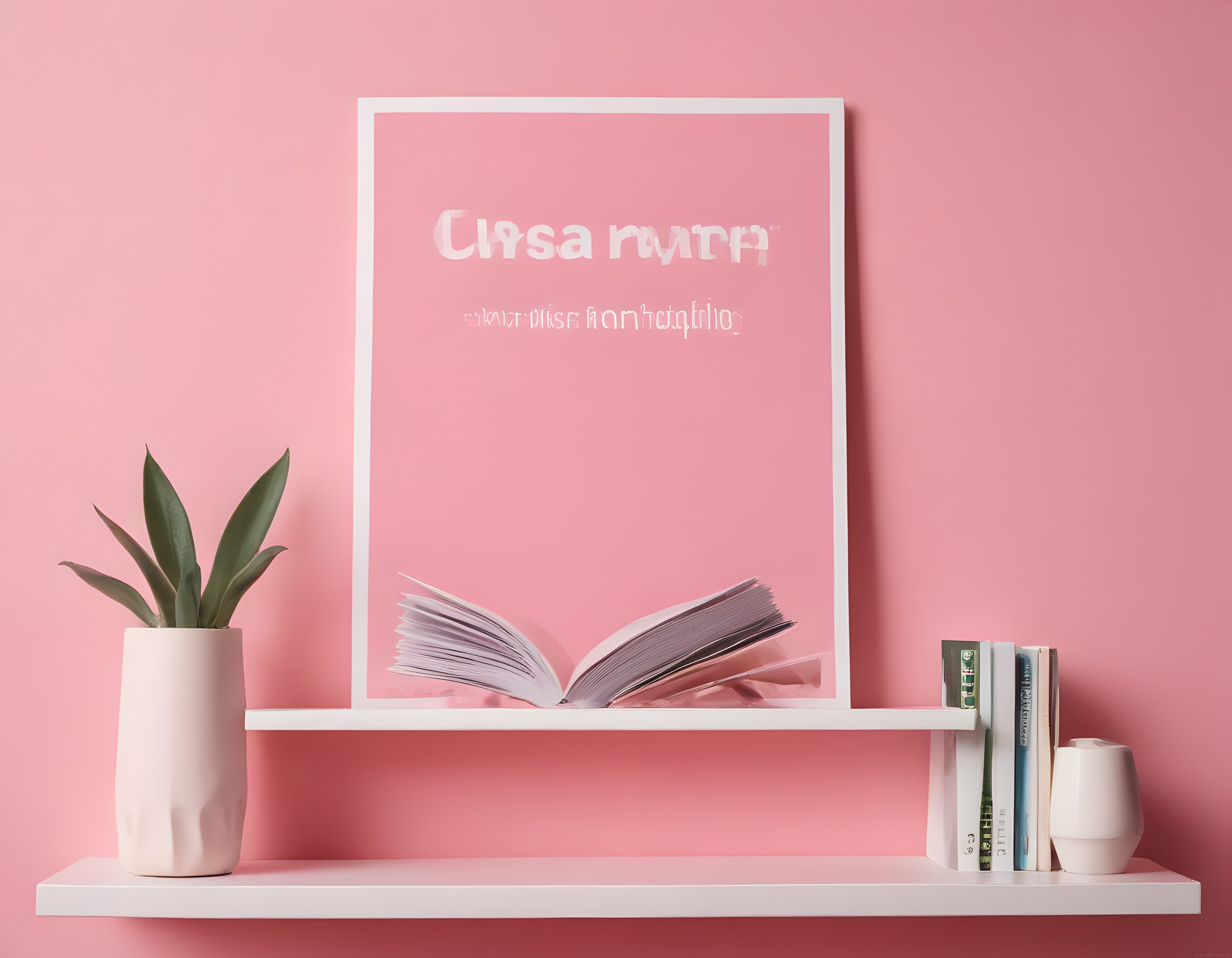 Pembe duvarlı modern ev dekorasyonunda minimalist poster ve raf düzeni