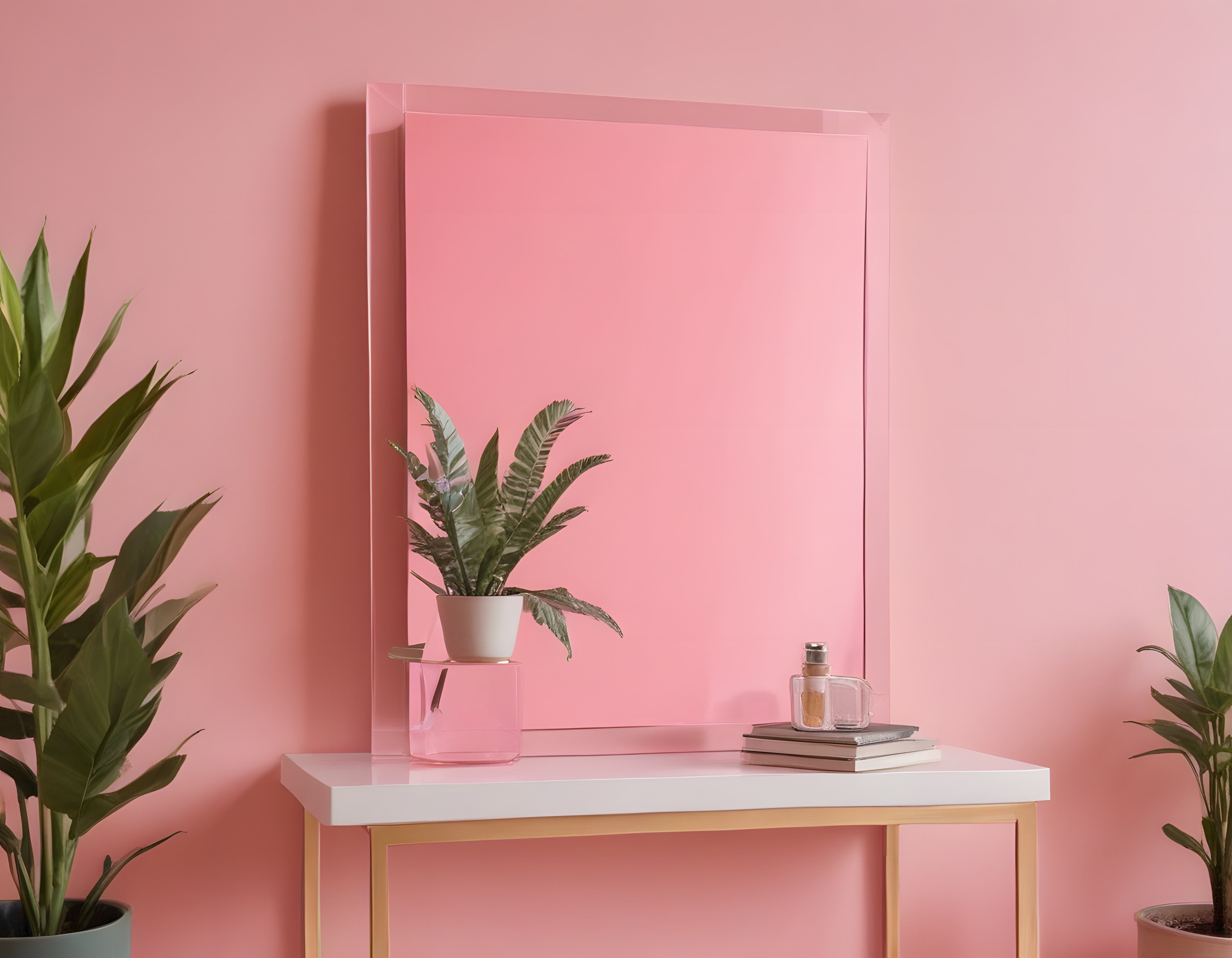 Pembe Duvarlı Modern İç Mekan Dekorasyonu ve Minimalist Konsol Stili