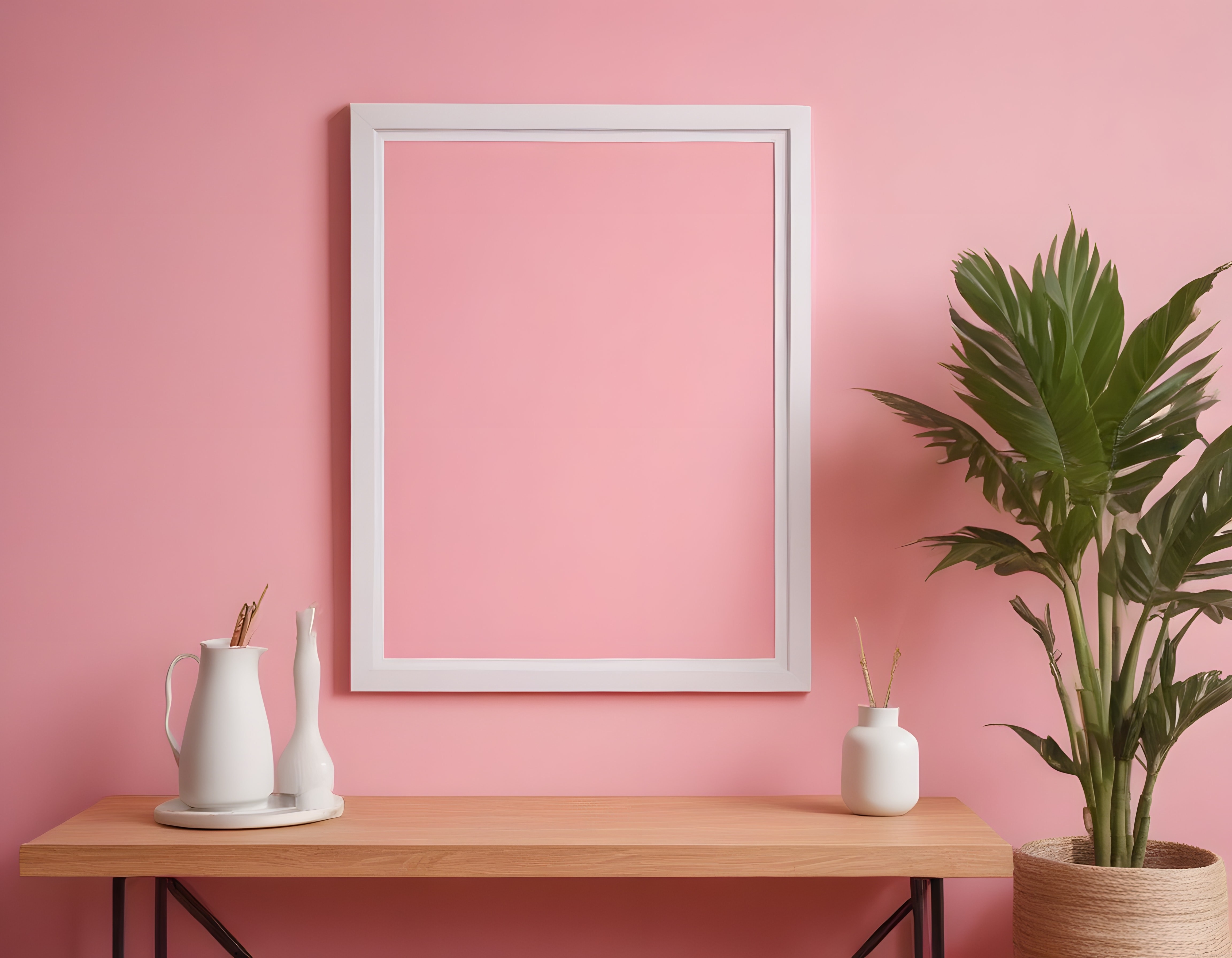 Pembe Duvarlı Modern İç Mekan Tasarımı ve Boş Beyaz Poster Çerçevesi