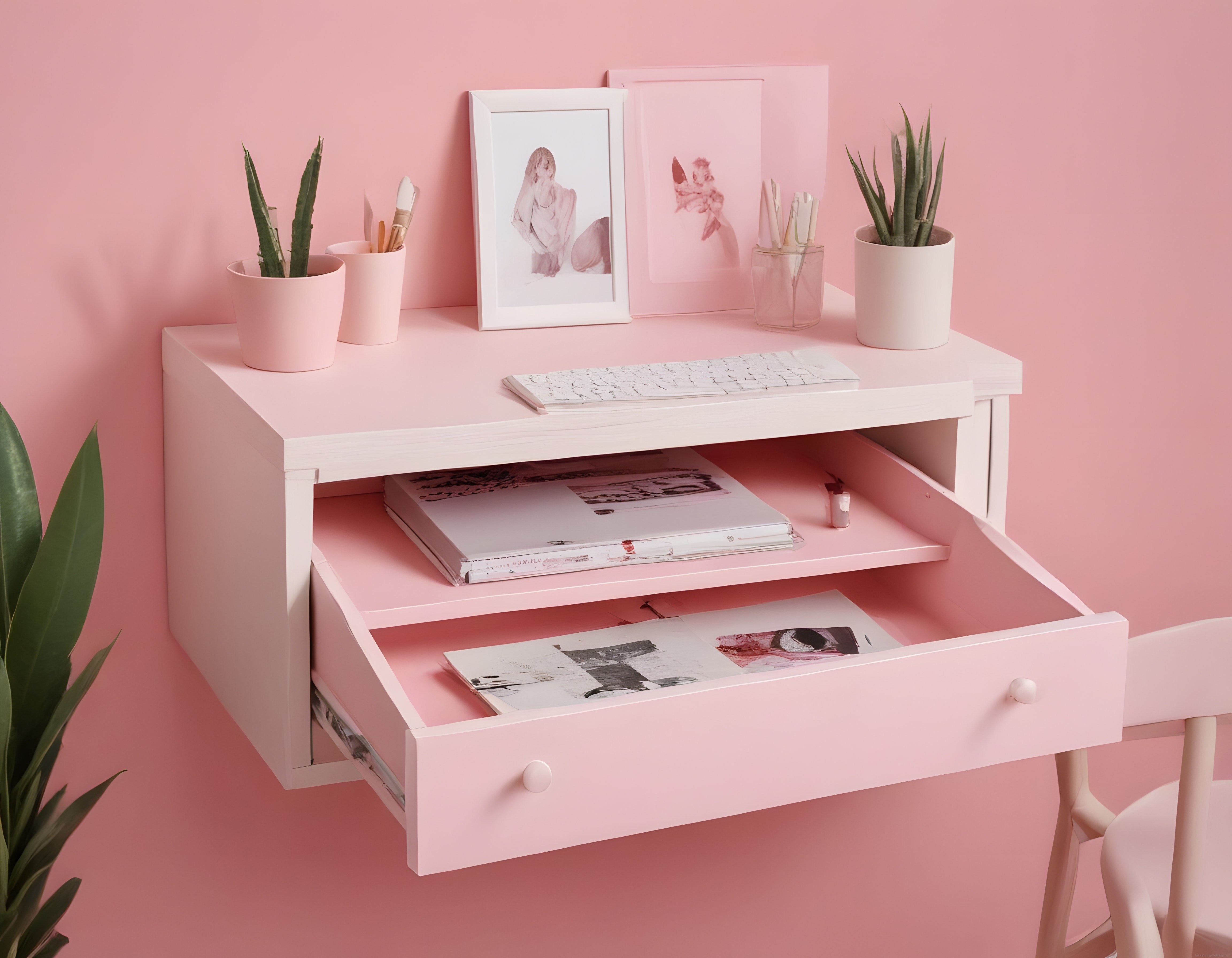 Pembe Duvarlı Odada Minimalist Çalışma Masası Dekorasyonu ve Düzeni