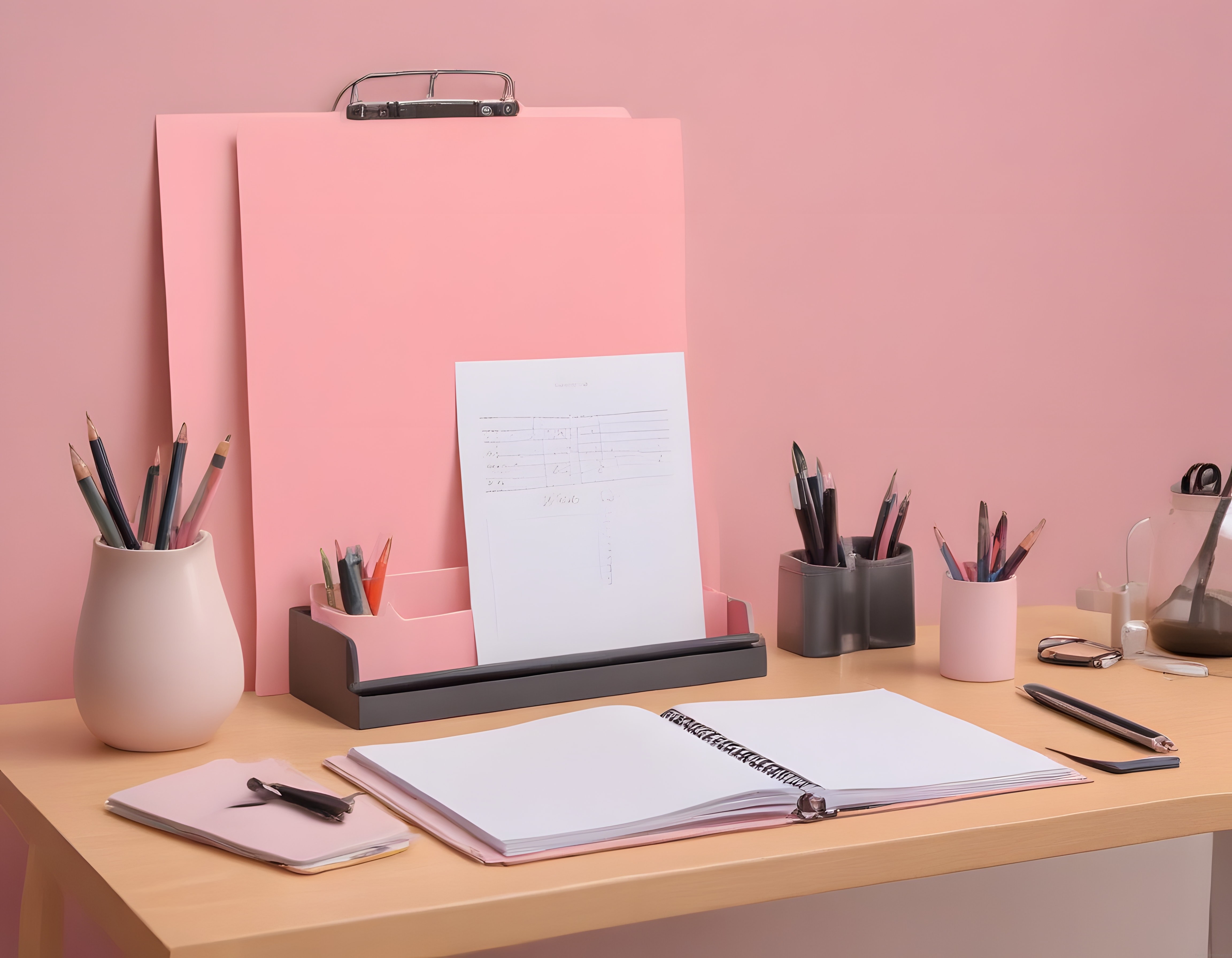 Pembe duvarlı odada modern çalışma masası ve minimalist ofis aksesuarları