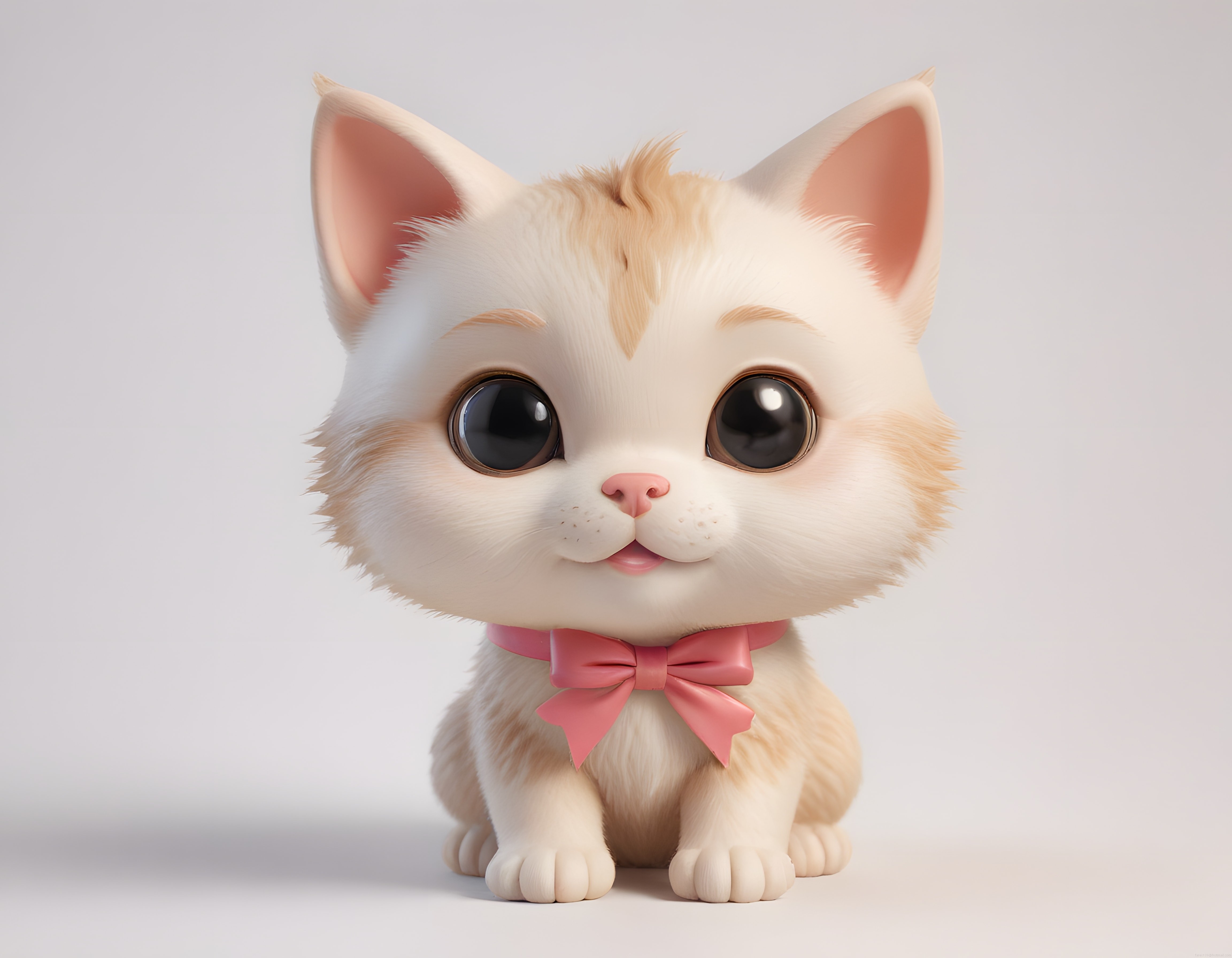 Pembe fiyonklu 3D animasyon yavru kedinin sevimli ve masum portresi