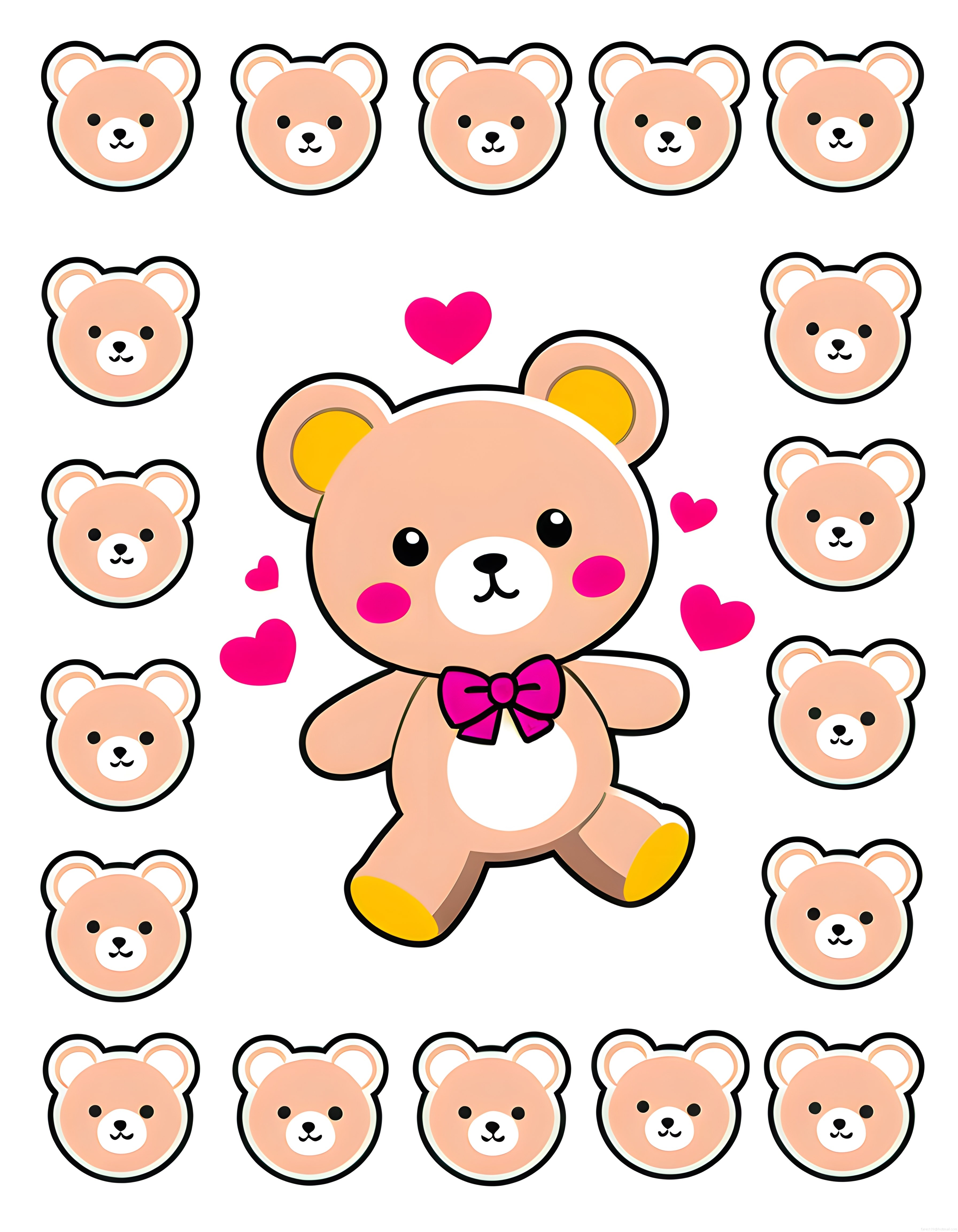 Pembe Fiyonklu Sevimli Ayıcık ve Kalpli Kawaii Vektör Çizim