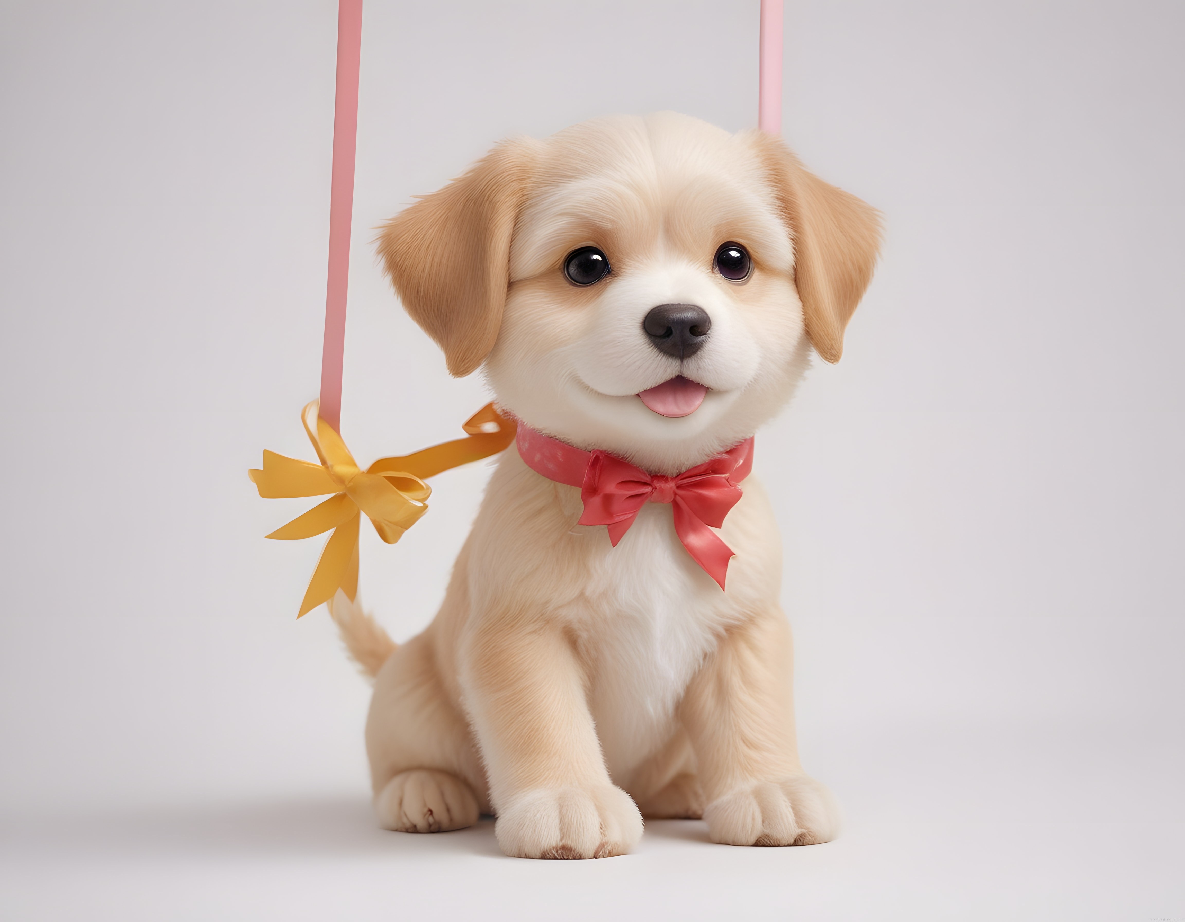 Pembe fiyonklu ve sarı kurdeleli sevimli köpek yavrusu portresi, 3d render