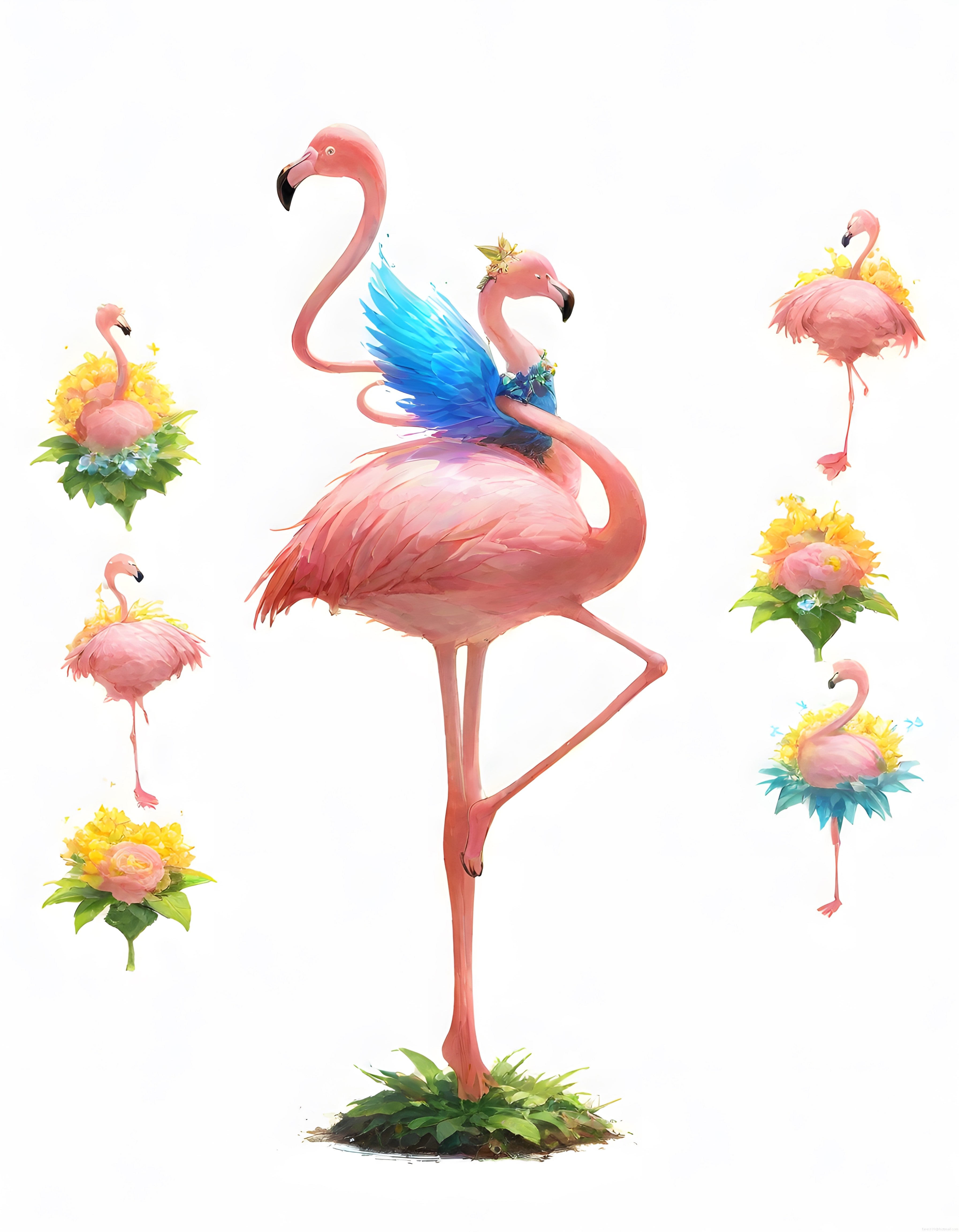 Pembe Flamingo Ailesi ve Çiçeklerle Süslenmiş Fantastik Dijital İllüstrasyon