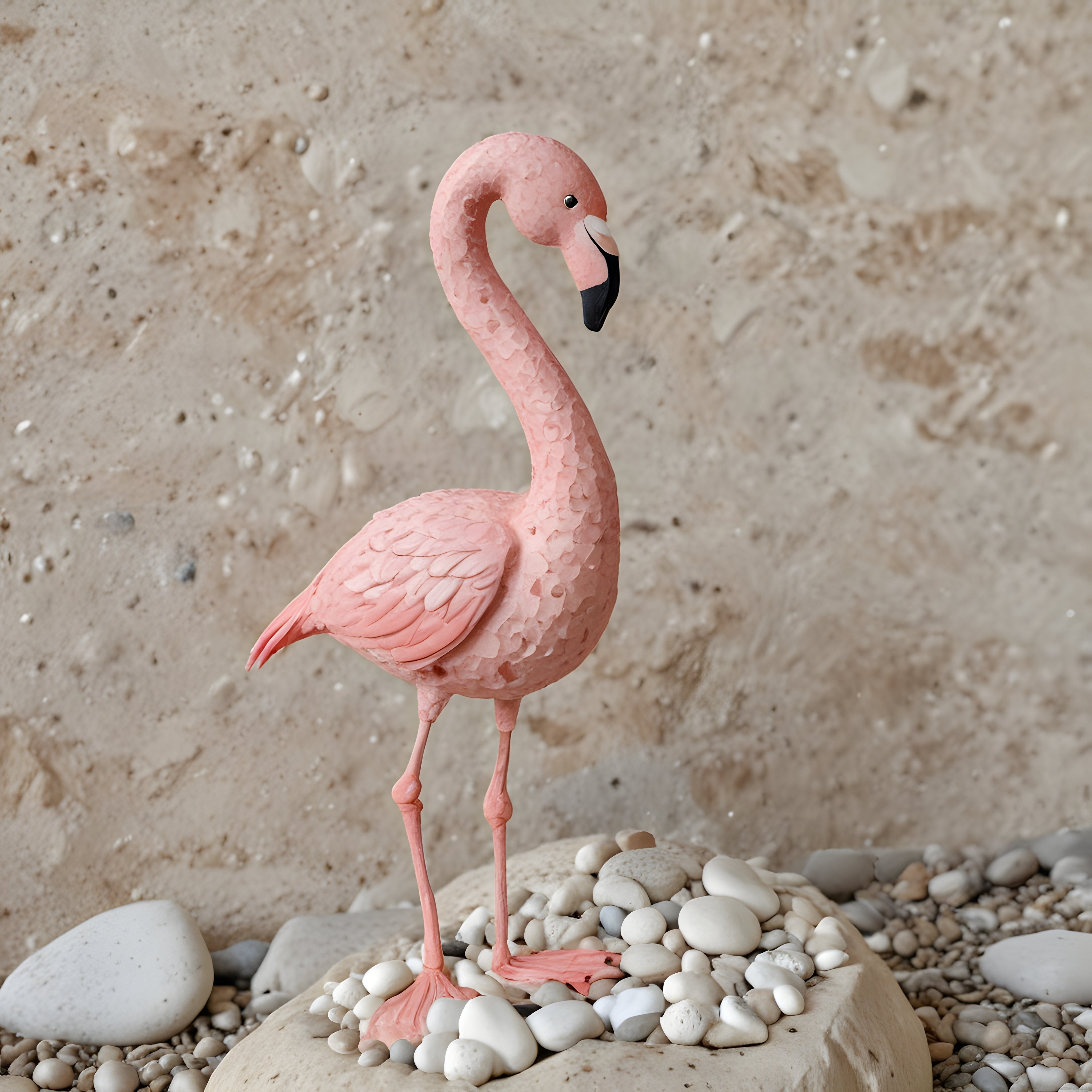 Pembe Flamingo Heykeli ve Beyaz Taşlarla Dekoratif Ev Aksesuarı Çekimi