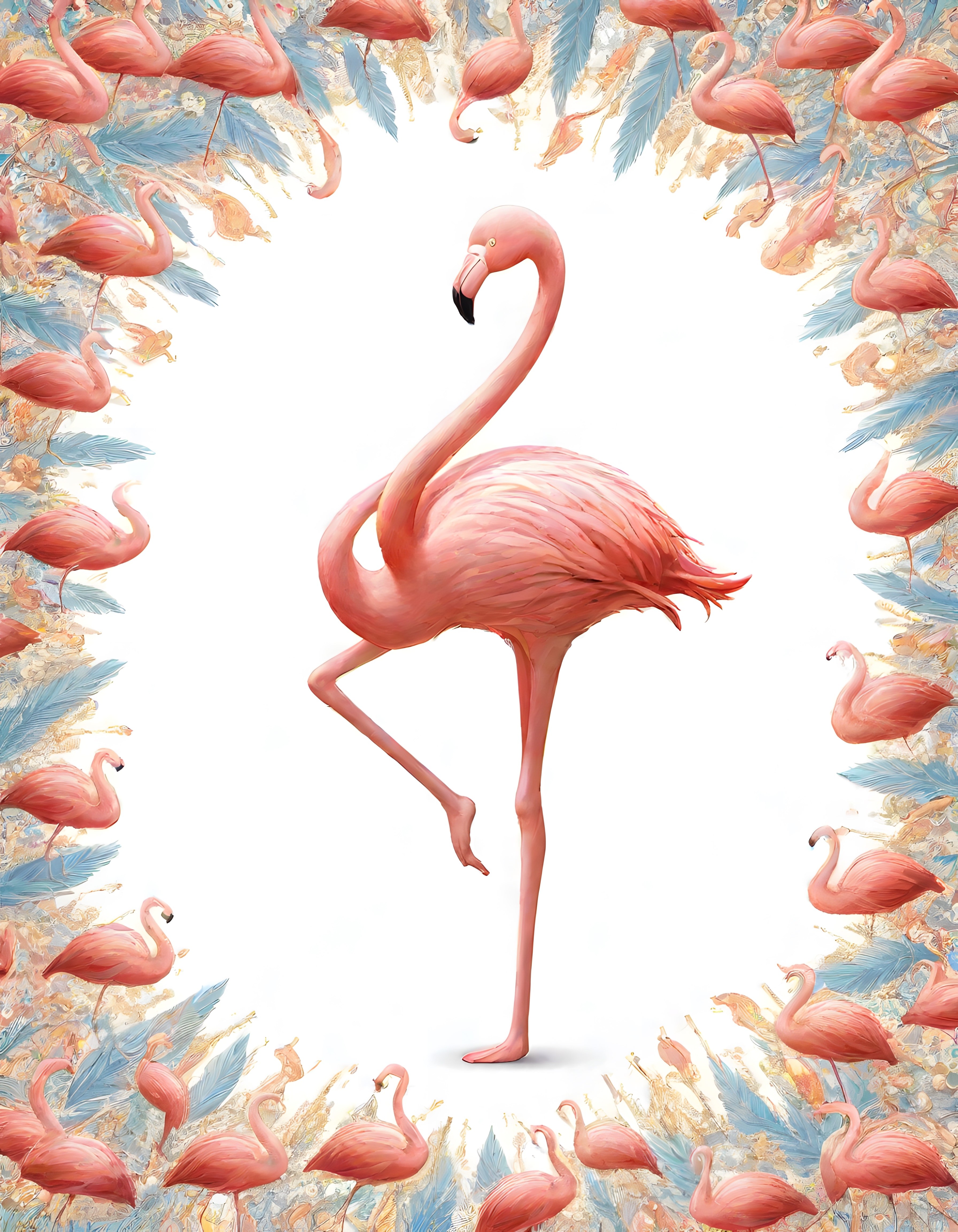 Pembe Flamingo ve Tropikal Yaprak Çerçeveli Sanatsal İllüstrasyon