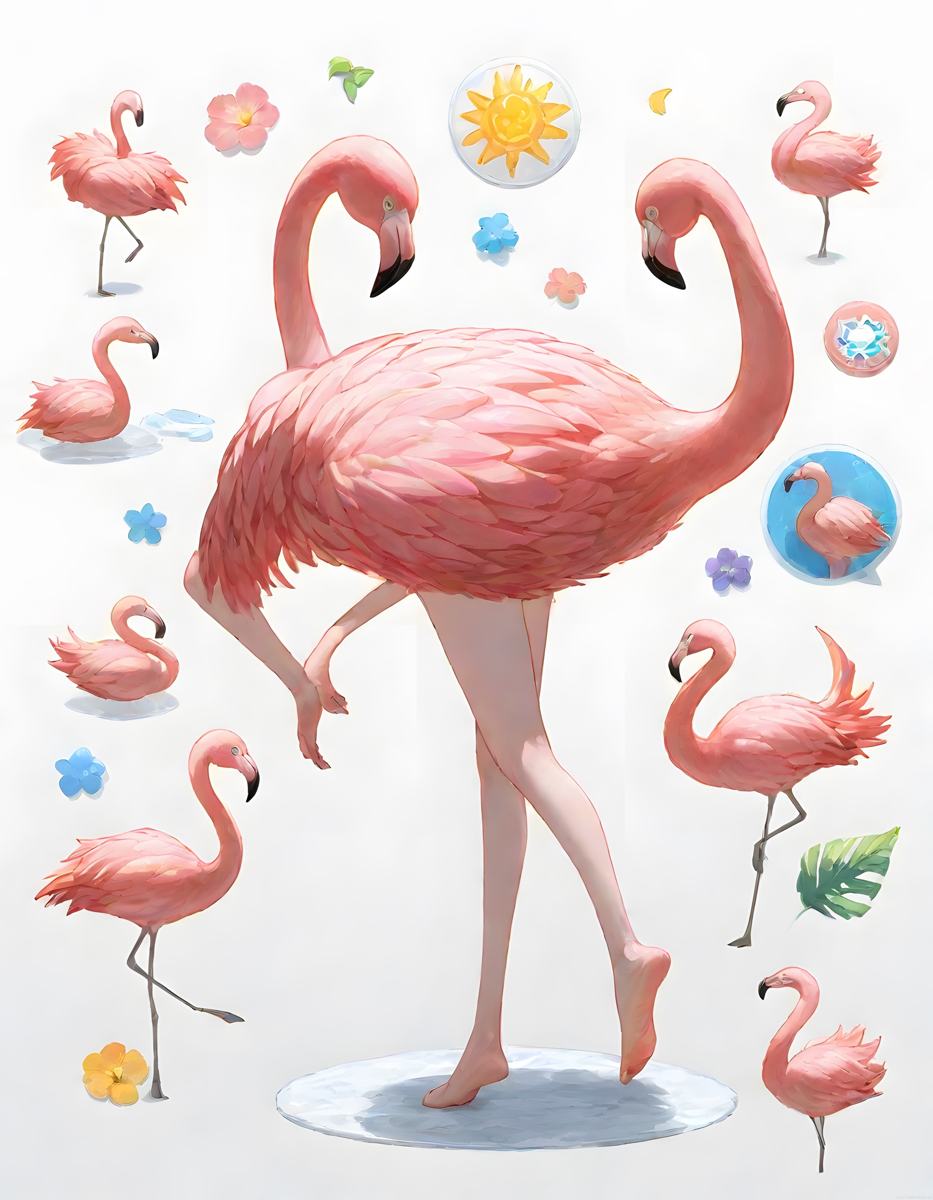 Pembe Flamingolar ve Tropik Çiçeklerle Dolu Dijital Sanat Koleksiyonu