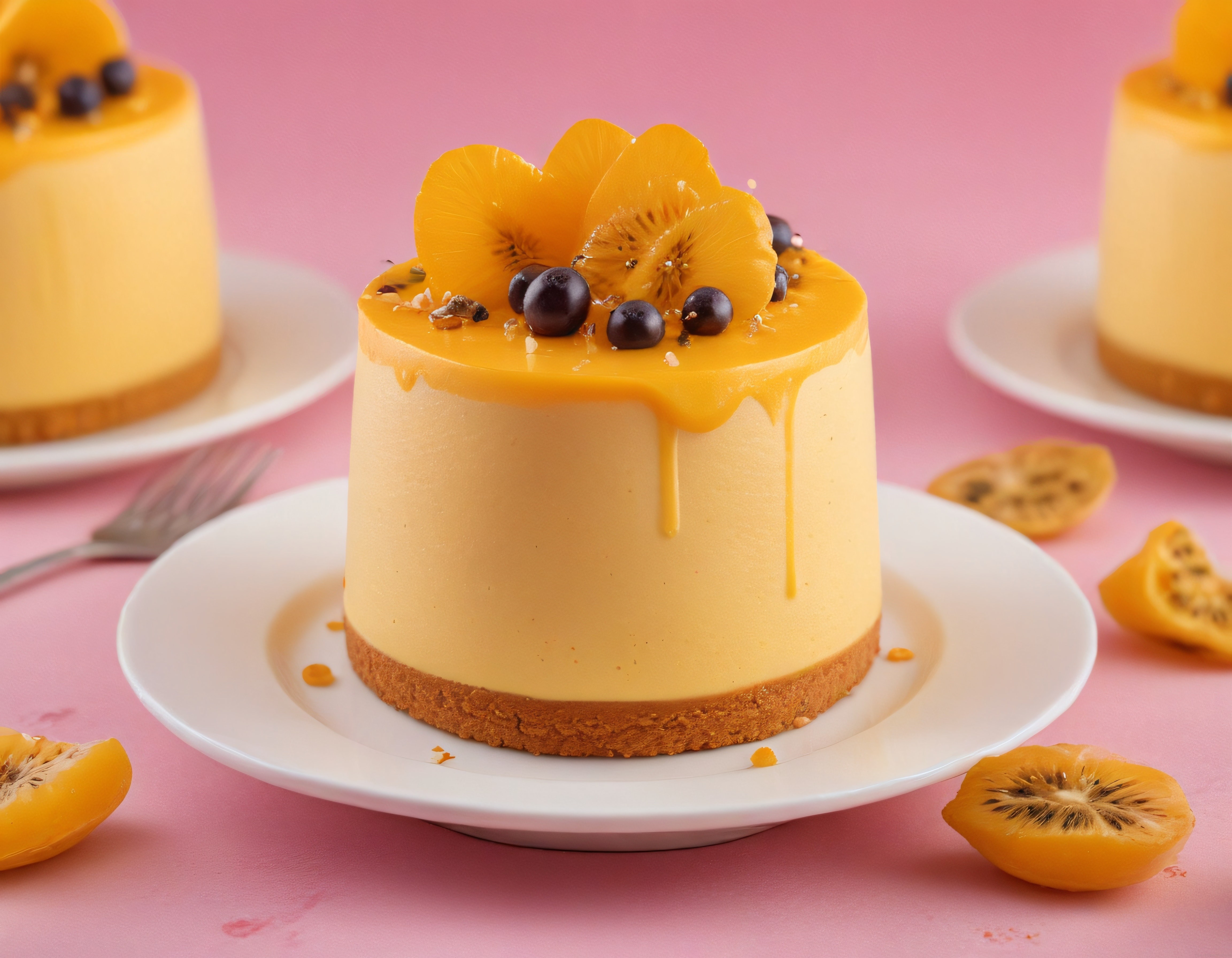 Pembe Fon Üzerinde Mango Glazörlü Altın Kivili Yaban Mersinli Tatlı Sunumu