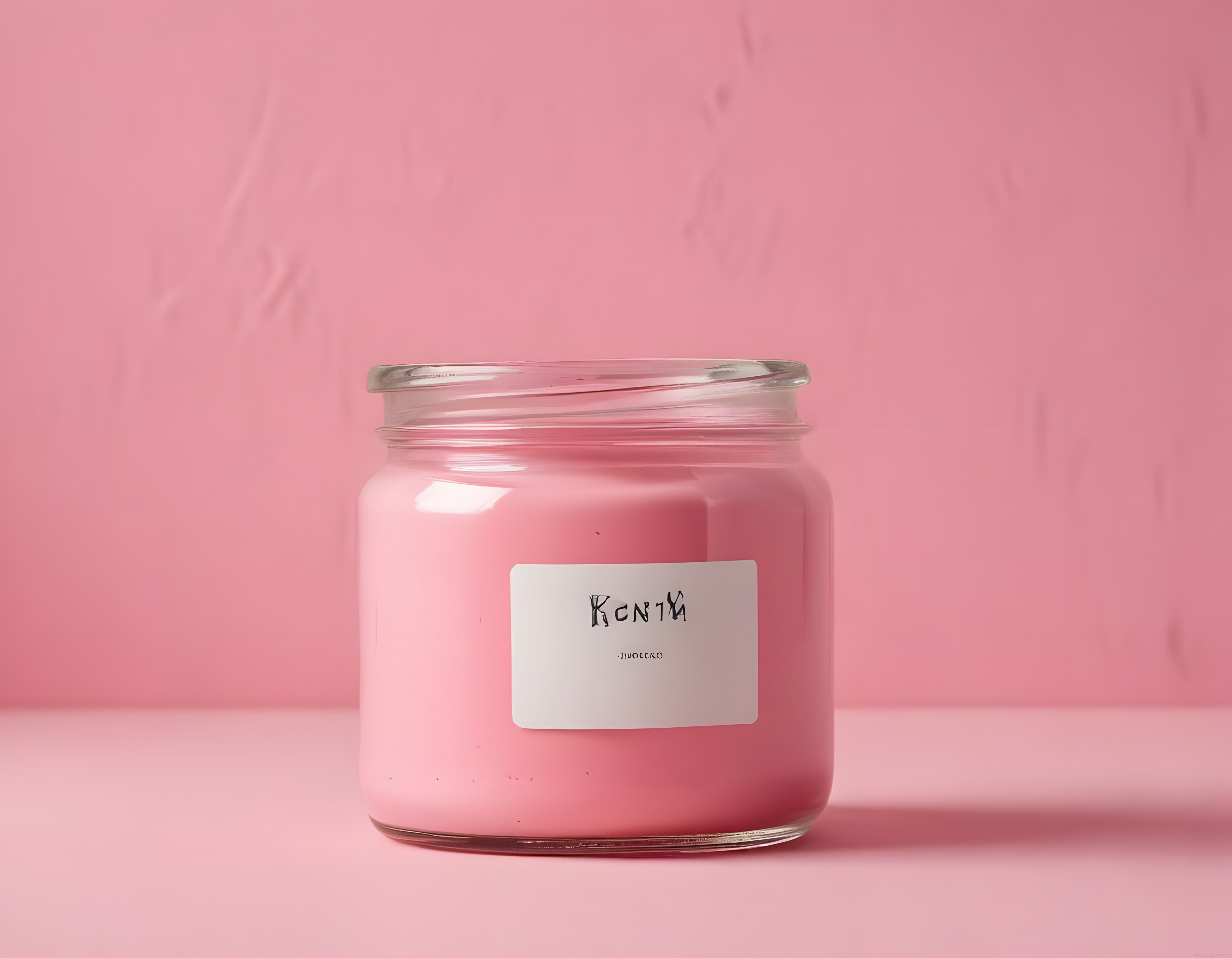Pembe fon üzerinde minimalist etiketli cam kavanoz mum ve oda kokusu görseli